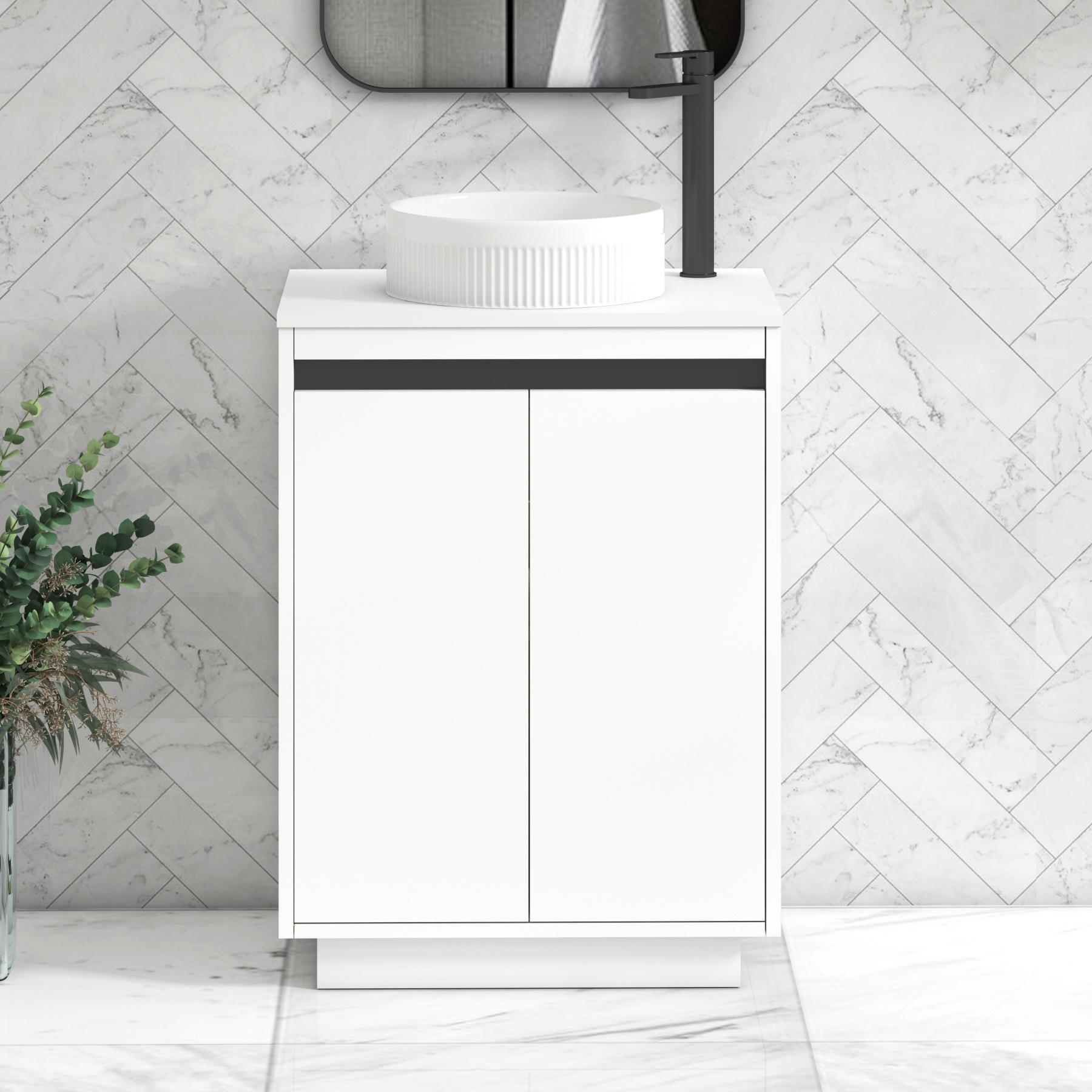 Orion 2 Door Matt White Floor Standing Vanity Unit with Plain White Top & Countertop Basin | Black Accent Trim