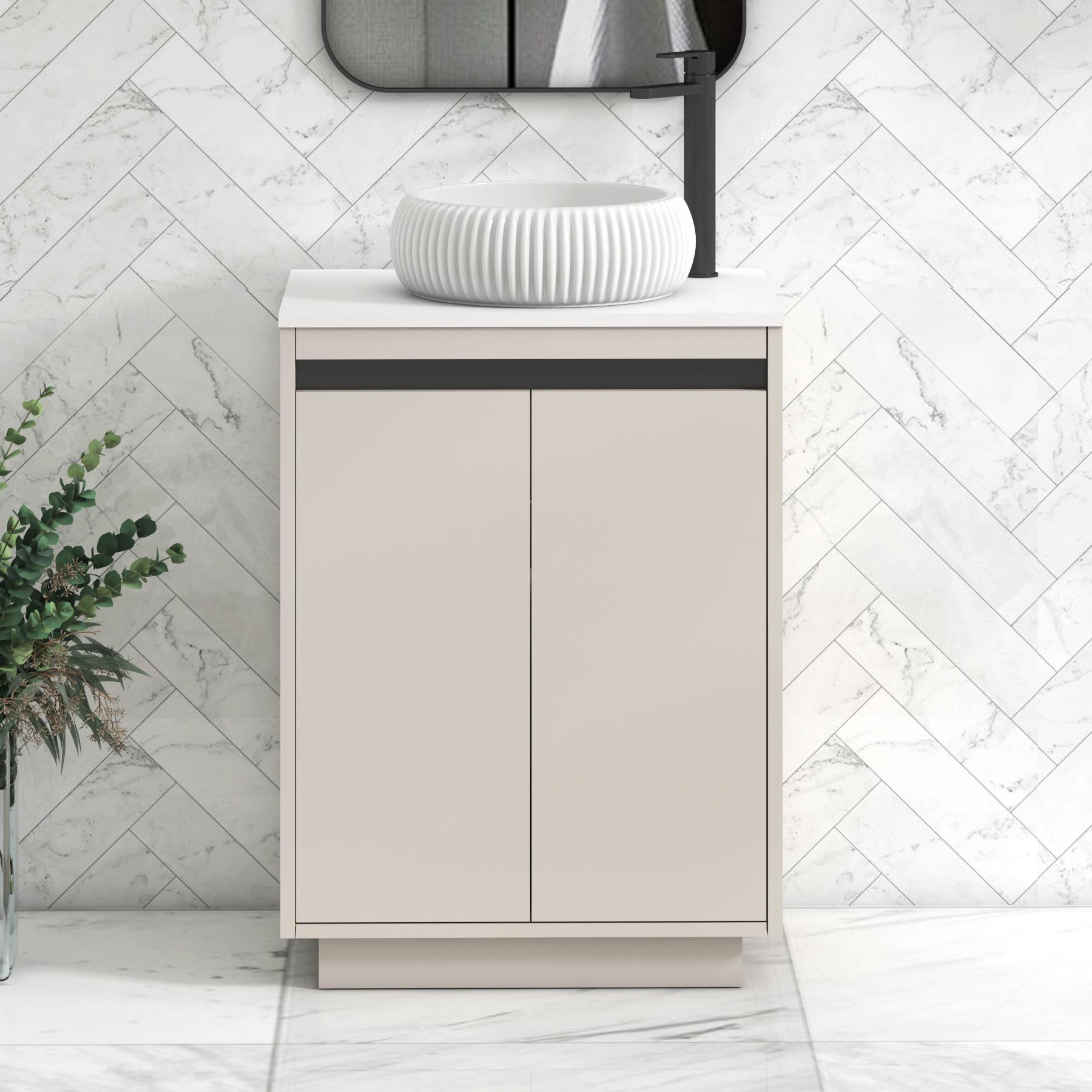 Orion 2 Door Warm Taupe Floor Standing Vanity Unit with Plain White Top & Countertop Basin | Black Accent Trim