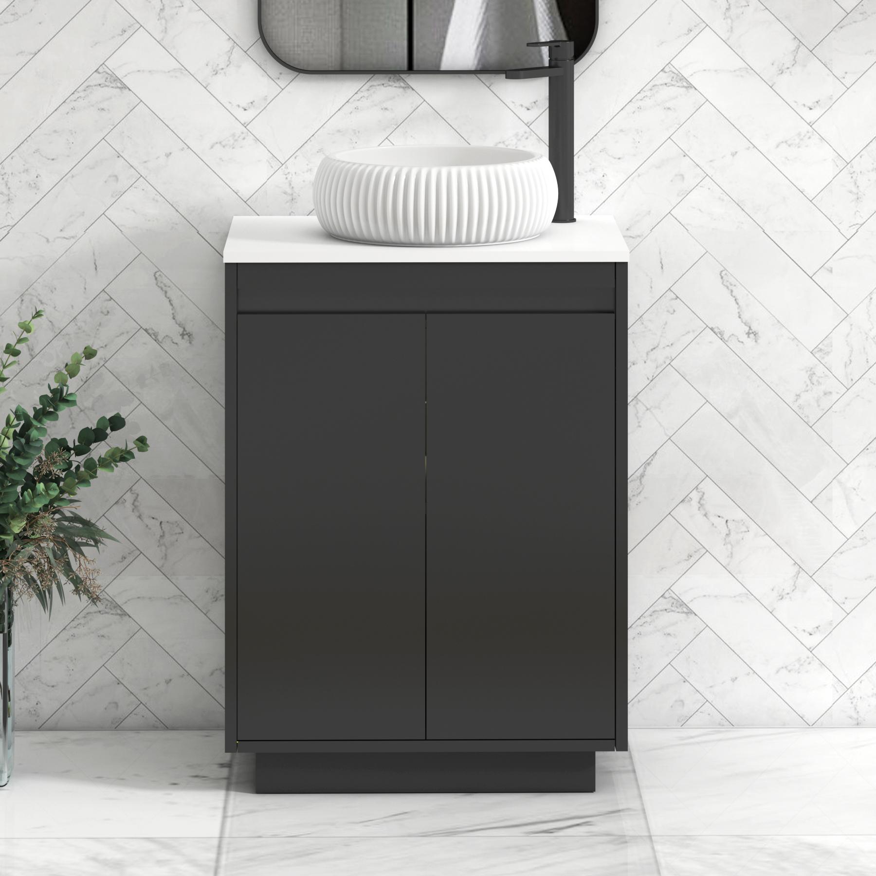 Orion 2 Door Matt Obsidian Black Floor Standing Vanity Unit with Plain White Top & Countertop Basin | Black Accent Trim