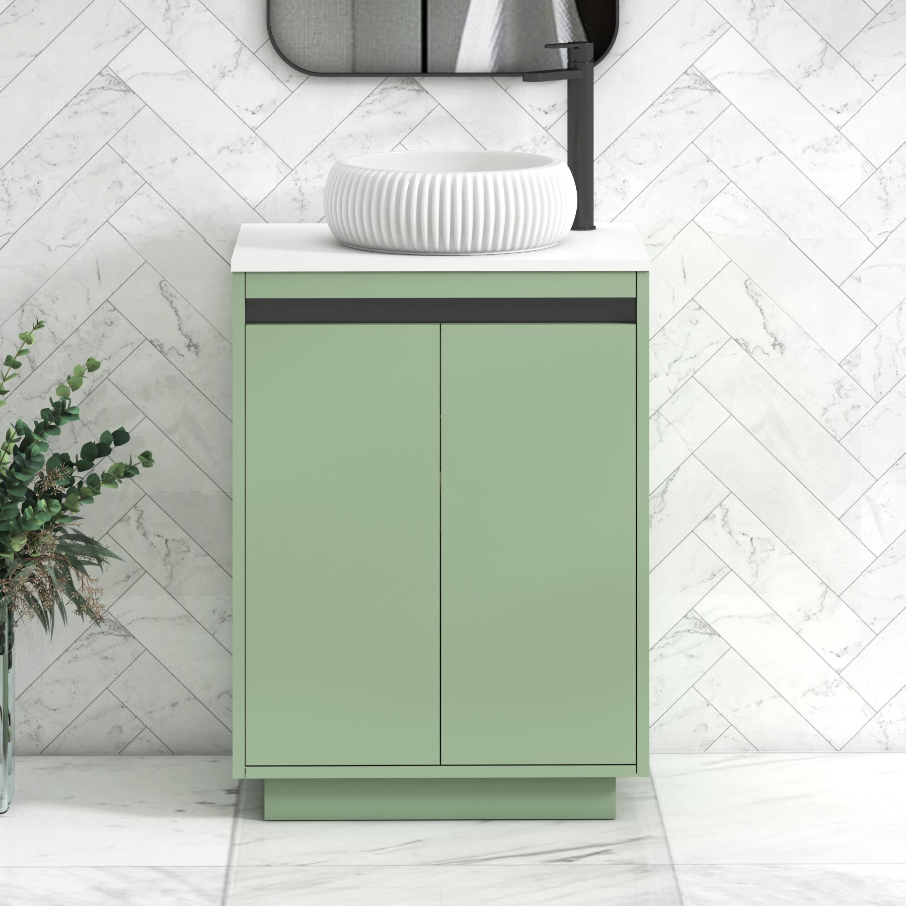 Orion 2 Door Mint Sage Floor Standing Vanity Unit with Plain White Top & Countertop Basin | Black Accent Trim