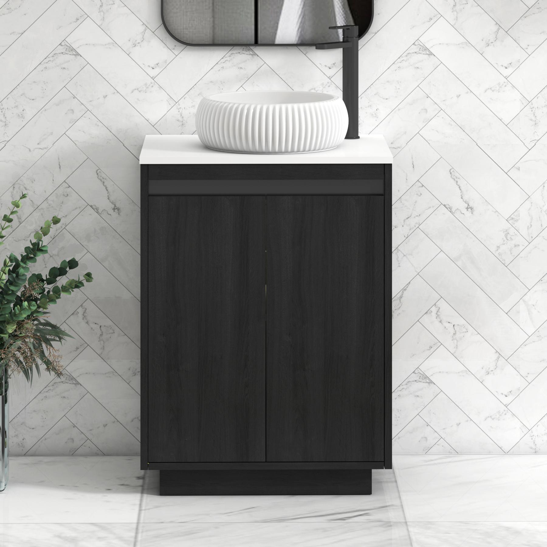Orion 2 Door Hale Black Floor Standing Vanity Unit with Plain White Top & Countertop Basin | Black Accent Trim