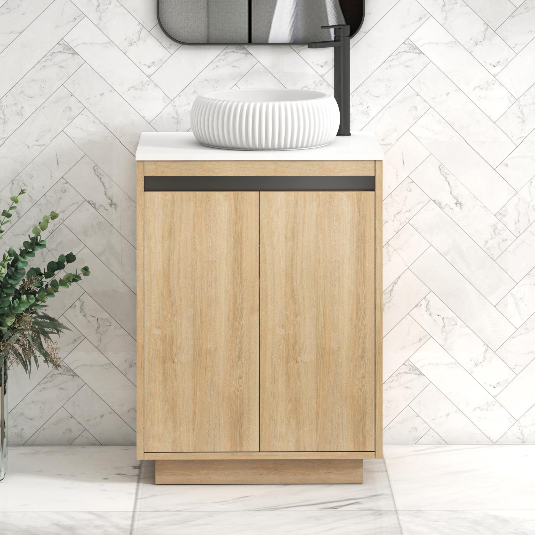 Orion 2 Door Natural Oak Floor Standing Vanity Unit with Plain White Top & Countertop Basin | Black Accent Trim