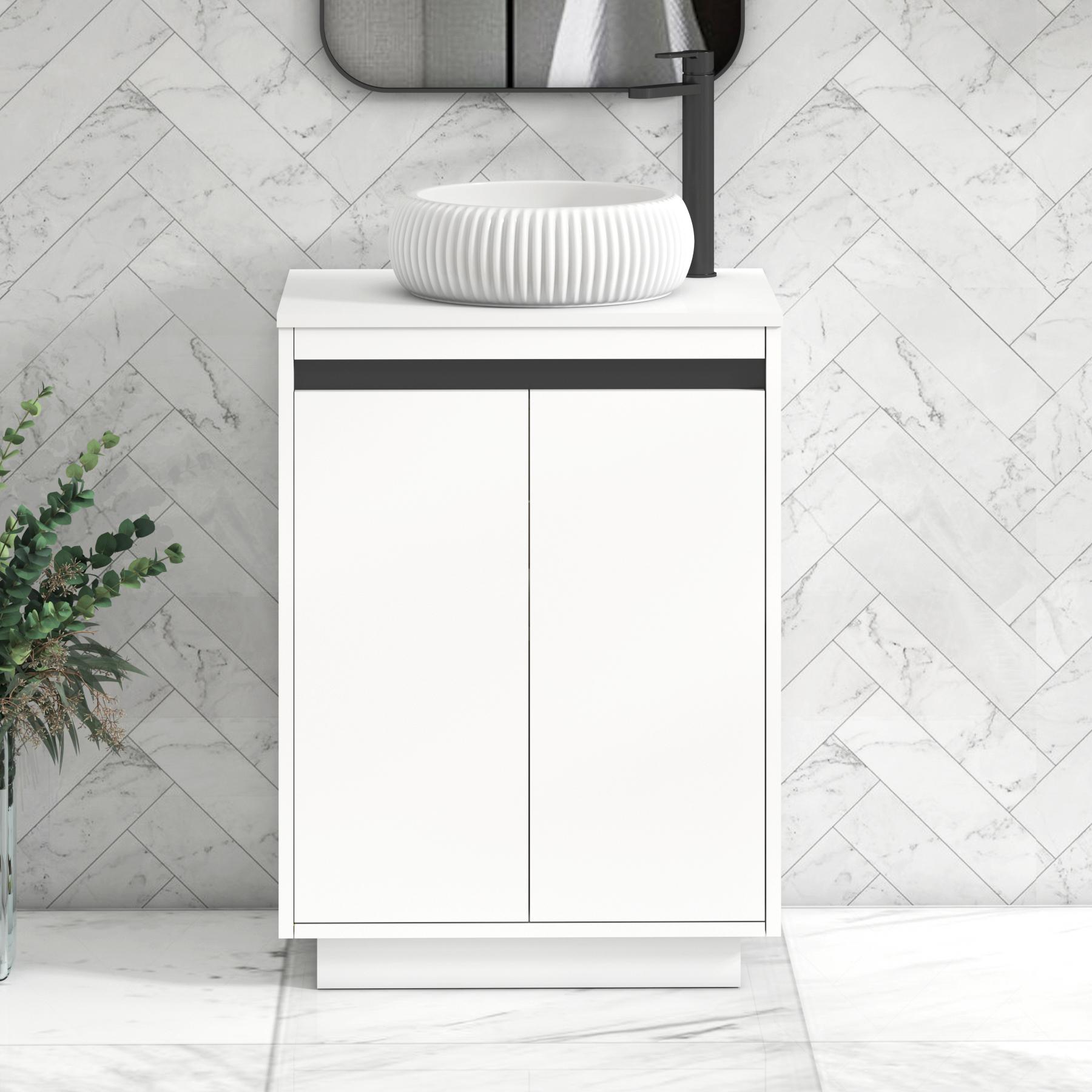 Orion 2 Door Matt White Floor Standing Vanity Unit with Plain White Top & Countertop Basin | Black Accent Trim