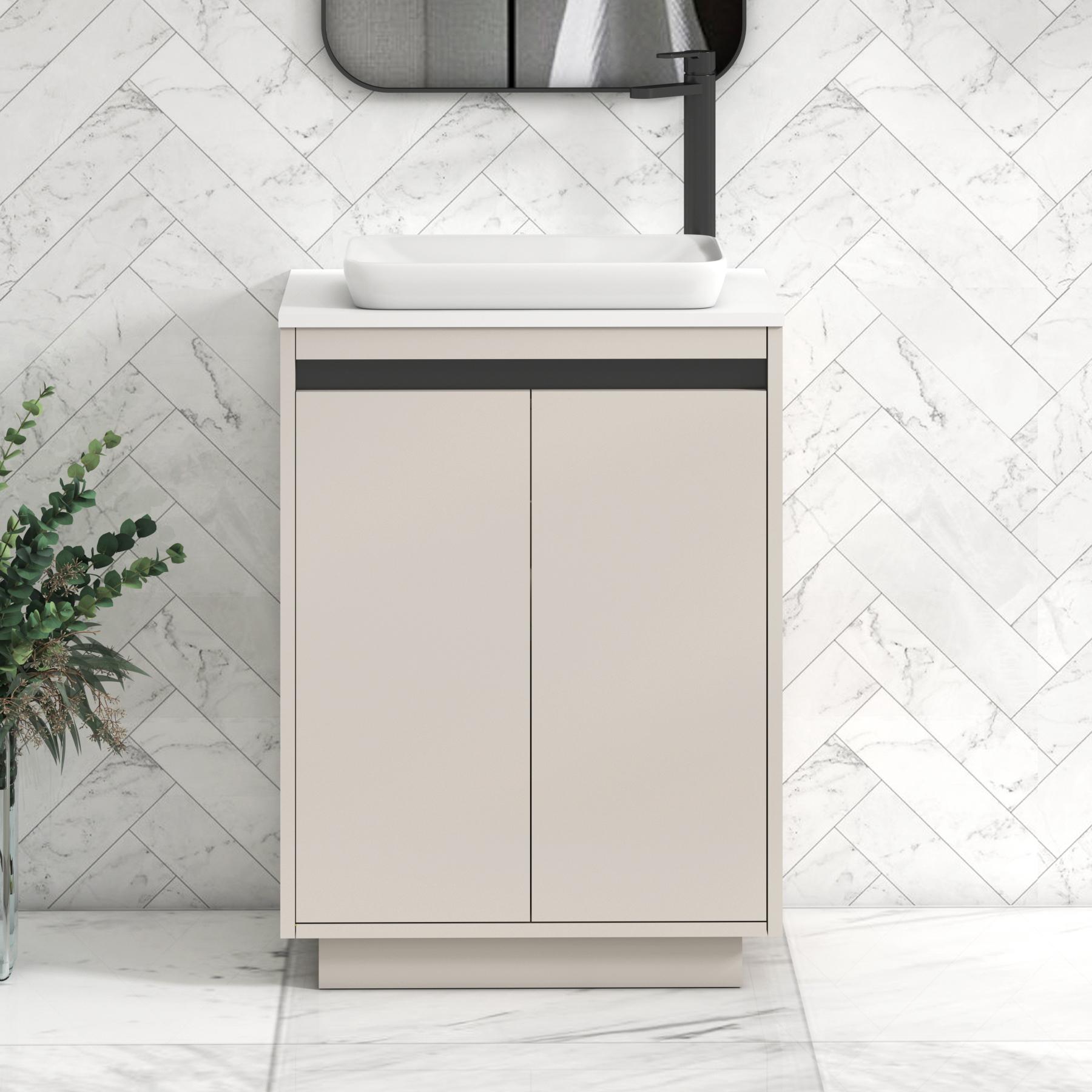 Orion 2 Door Warm Taupe Floor Standing Vanity Unit with Plain White Top & Countertop Basin | Black Accent Trim