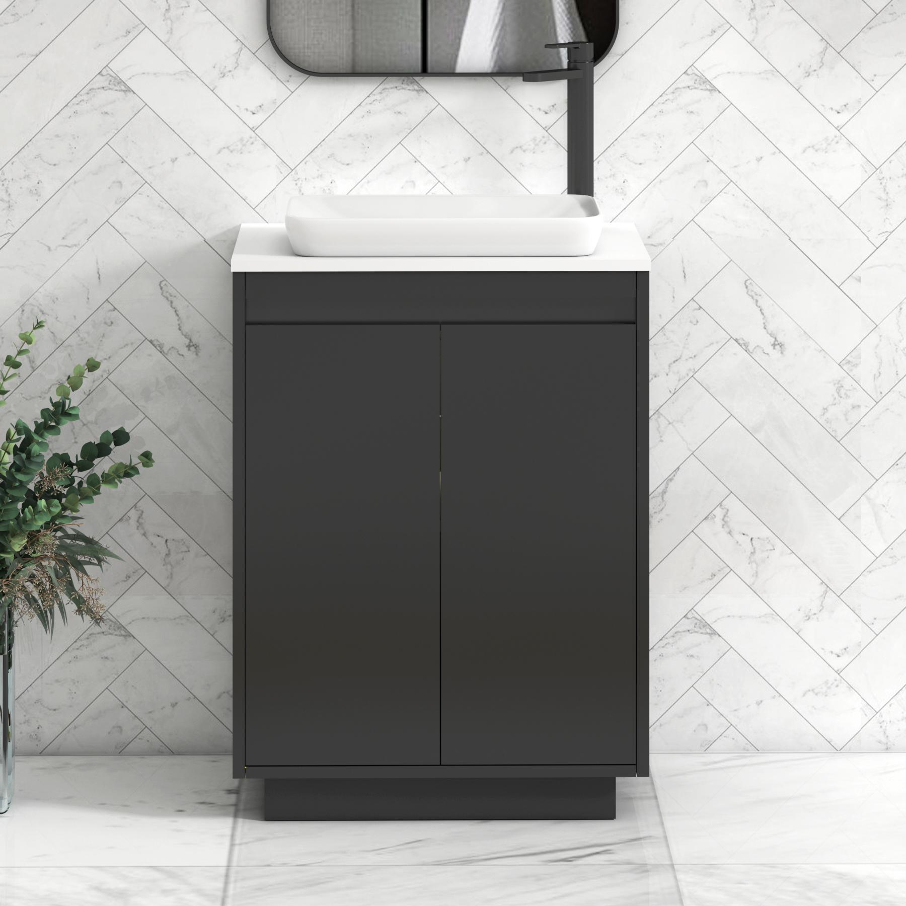 Orion 2 Door Matt Obsidian Black Floor Standing Vanity Unit with Plain White Top & Countertop Basin | Black Accent Trim