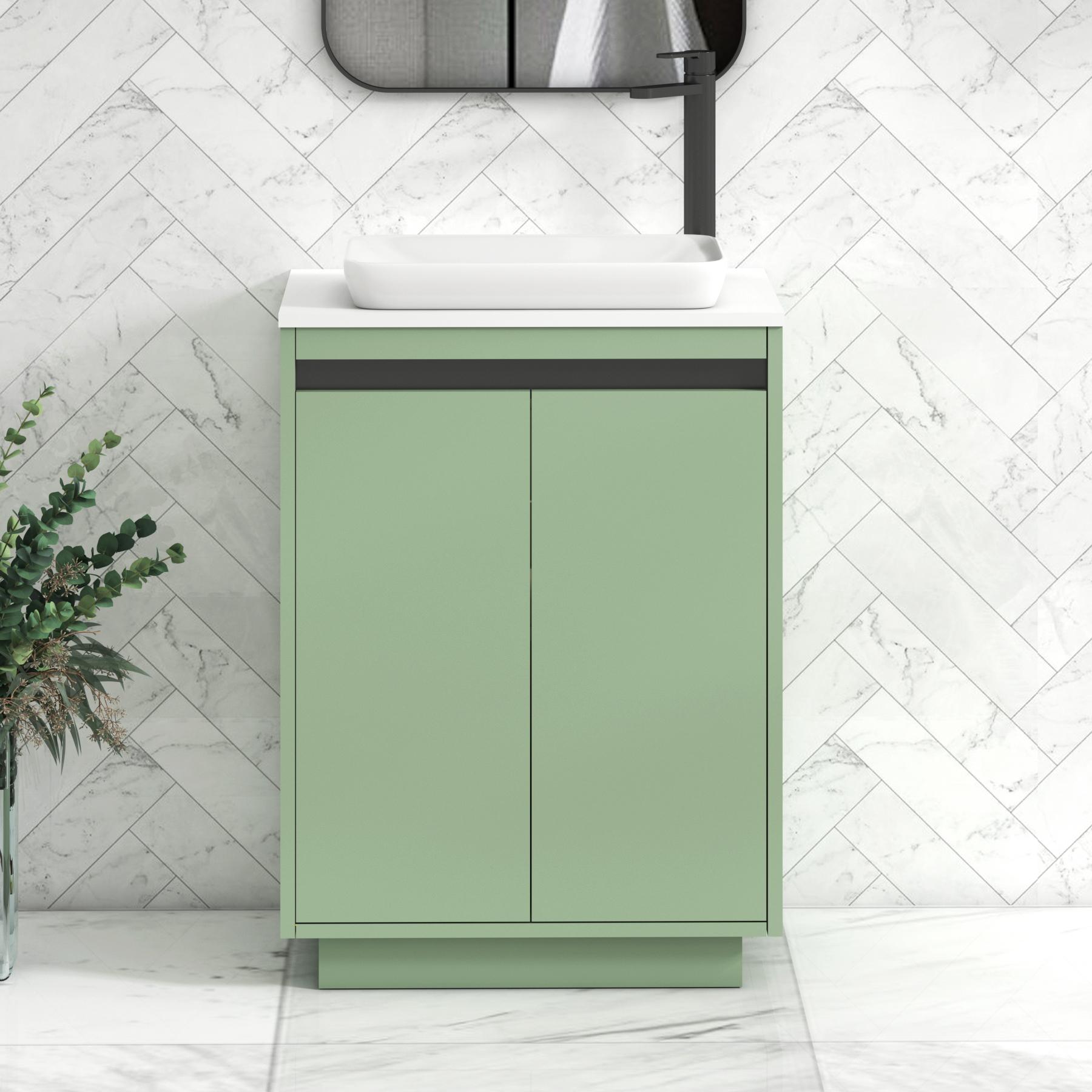 Orion 2 Door Mint Sage Floor Standing Vanity Unit with Plain White Top & Countertop Basin | Black Accent Trim