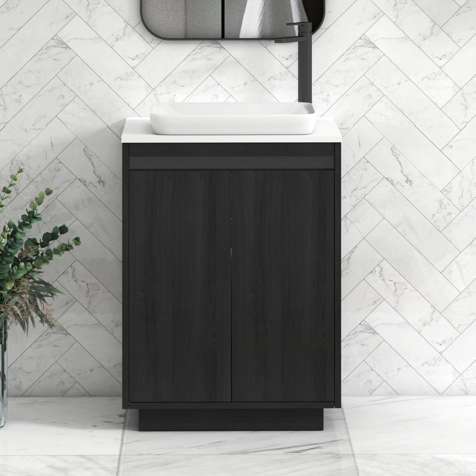 Orion 2 Door Hale Black Floor Standing Vanity Unit with Plain White Top & Countertop Basin | Black Accent Trim