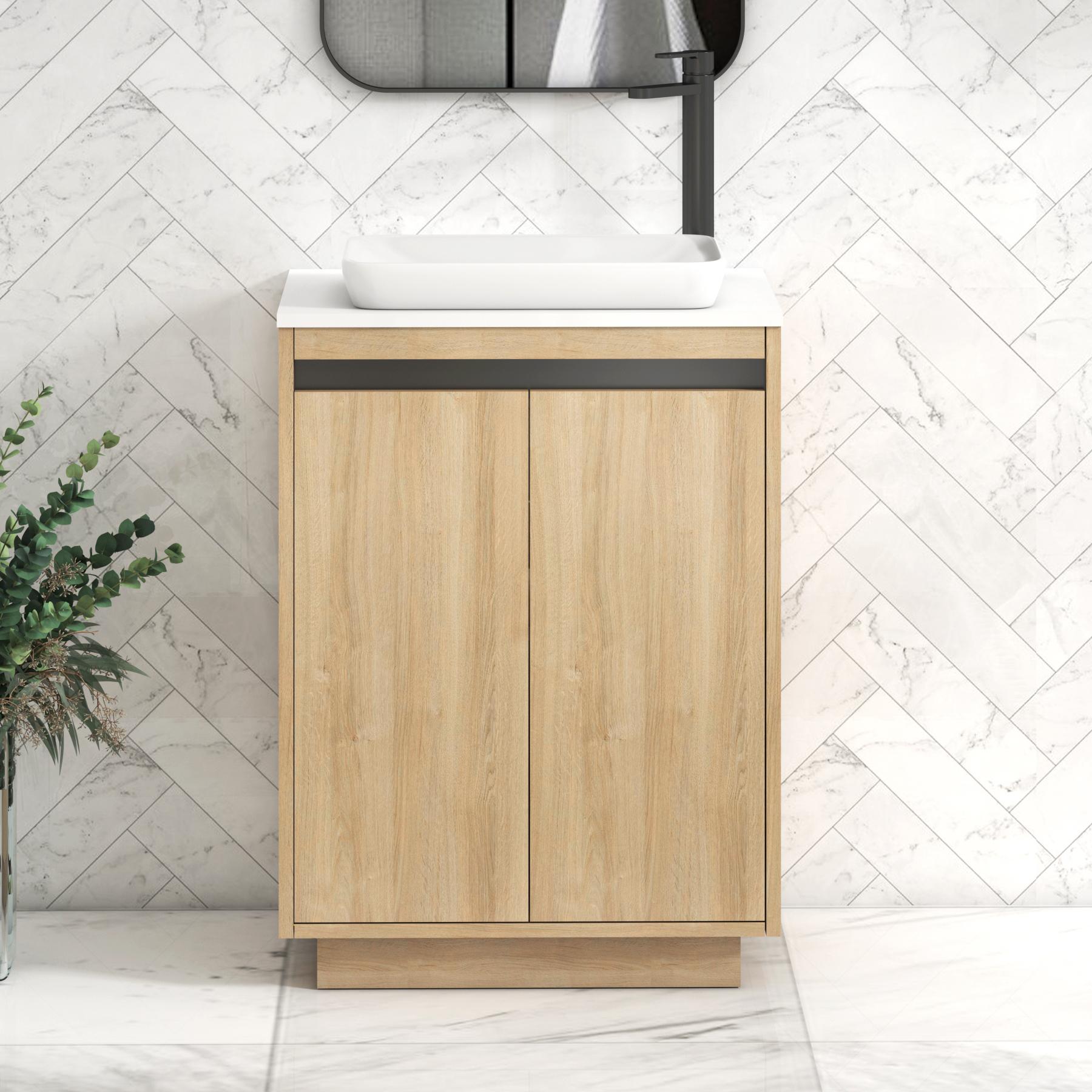 Orion 2 Door Natural Oak Floor Standing Vanity Unit with Plain White Top & Countertop Basin | Black Accent Trim