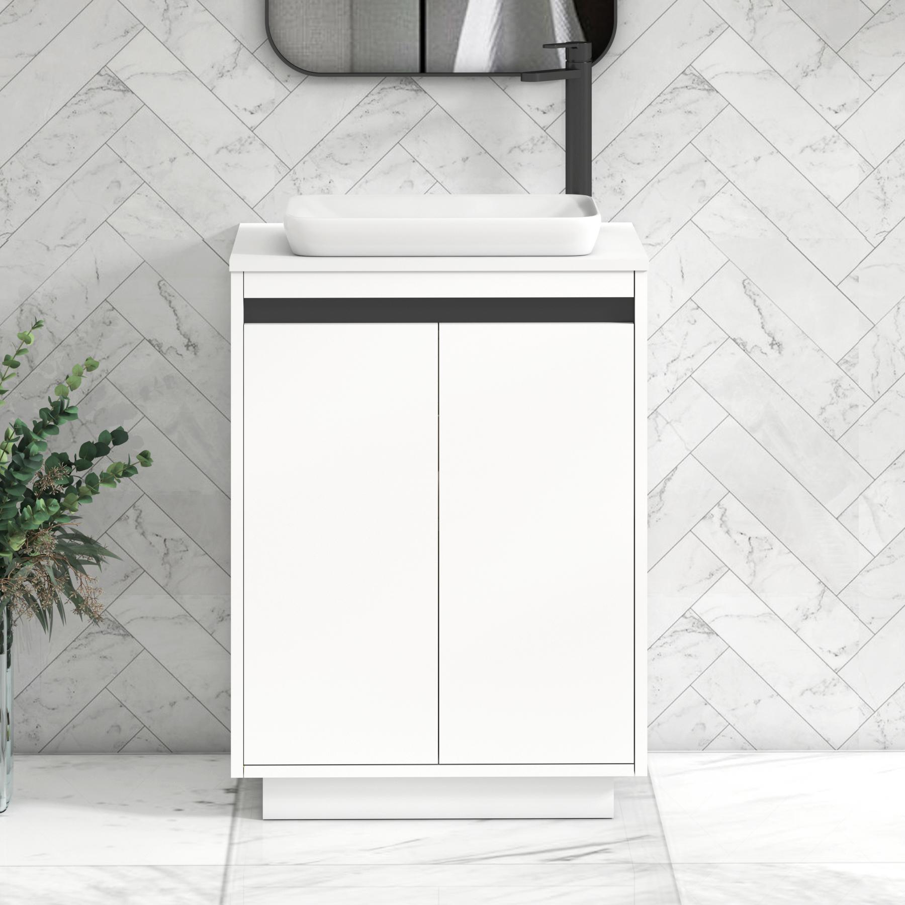 Orion 2 Door Matt White Floor Standing Vanity Unit with Plain White Top & Countertop Basin | Black Accent Trim