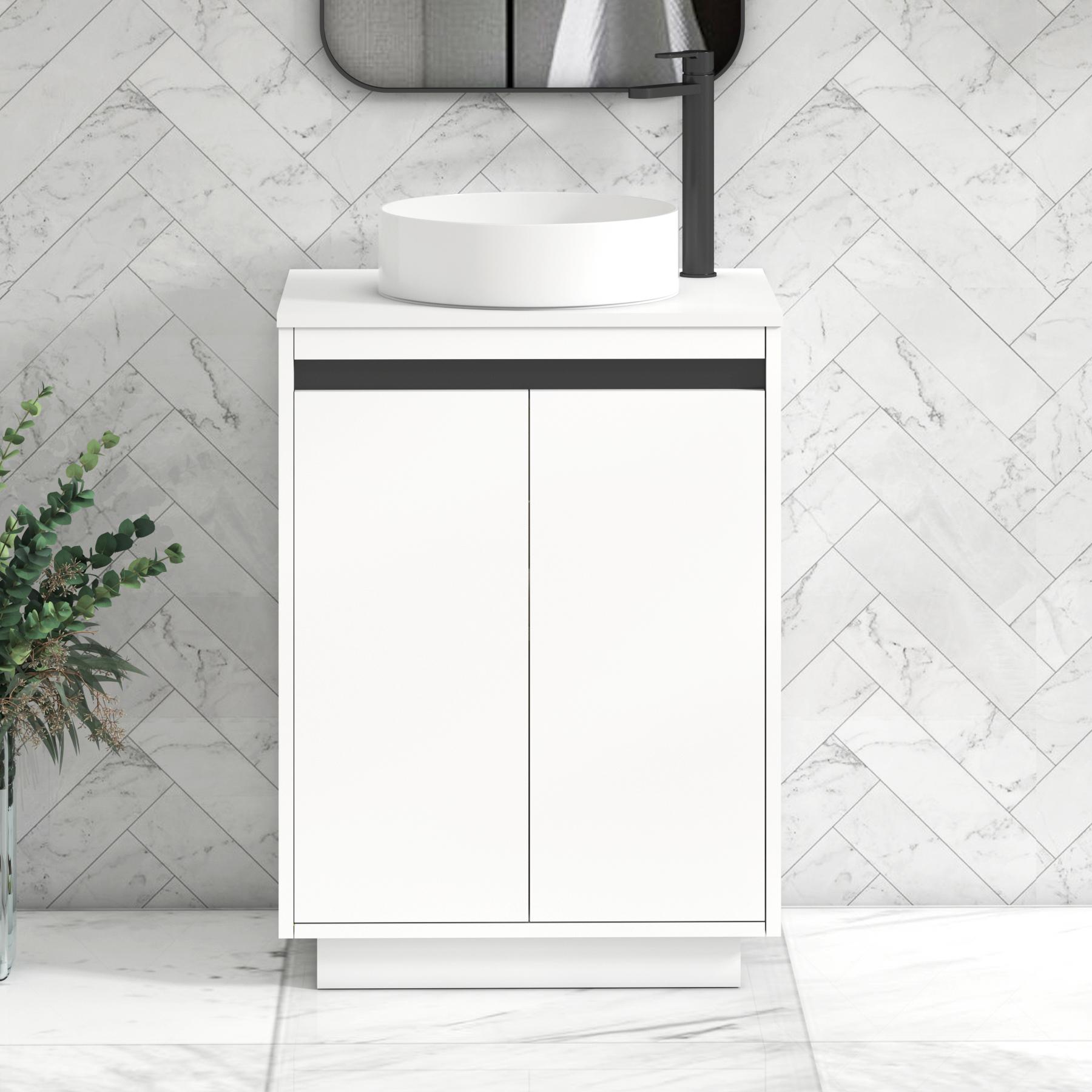 Orion 2 Door Matt White Floor Standing Vanity Unit with Plain White Top & Countertop Basin | Black Accent Trim