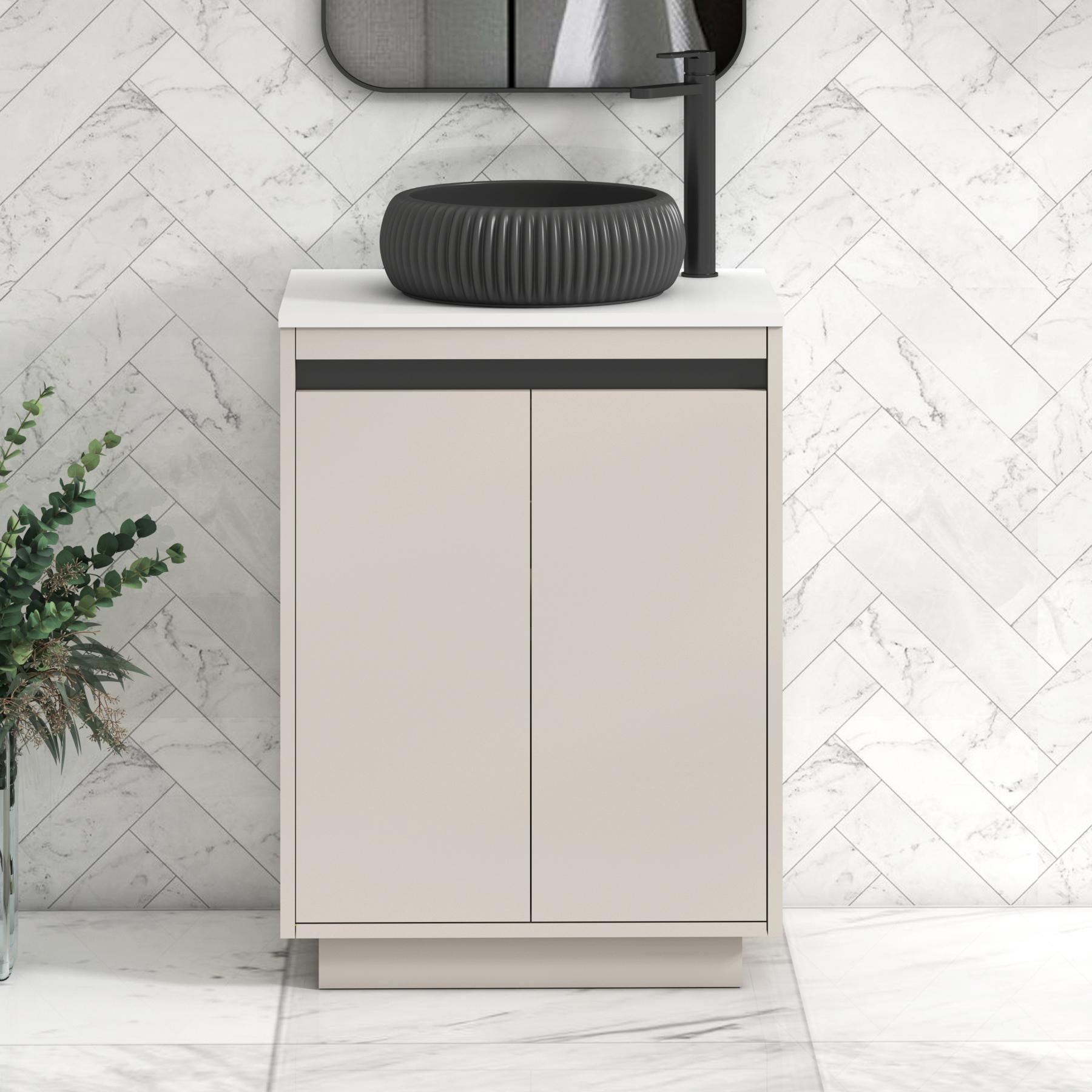 Orion 2 Door Warm Taupe Floor Standing Vanity Unit with Plain White Top & Countertop Basin | Black Accent Trim