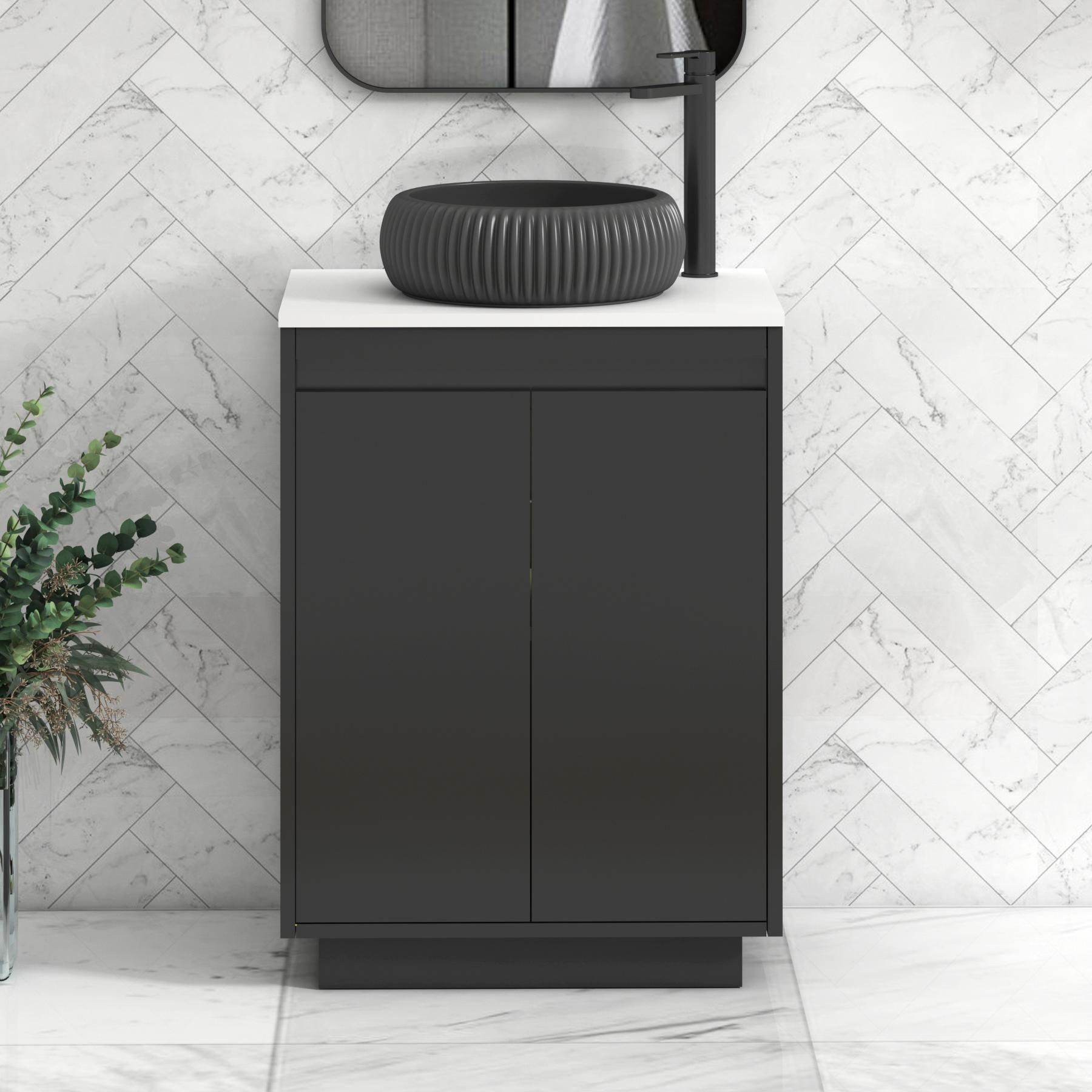 Orion 2 Door Matt Obsidian Black Floor Standing Vanity Unit with Plain White Top & Countertop Basin | Black Accent Trim