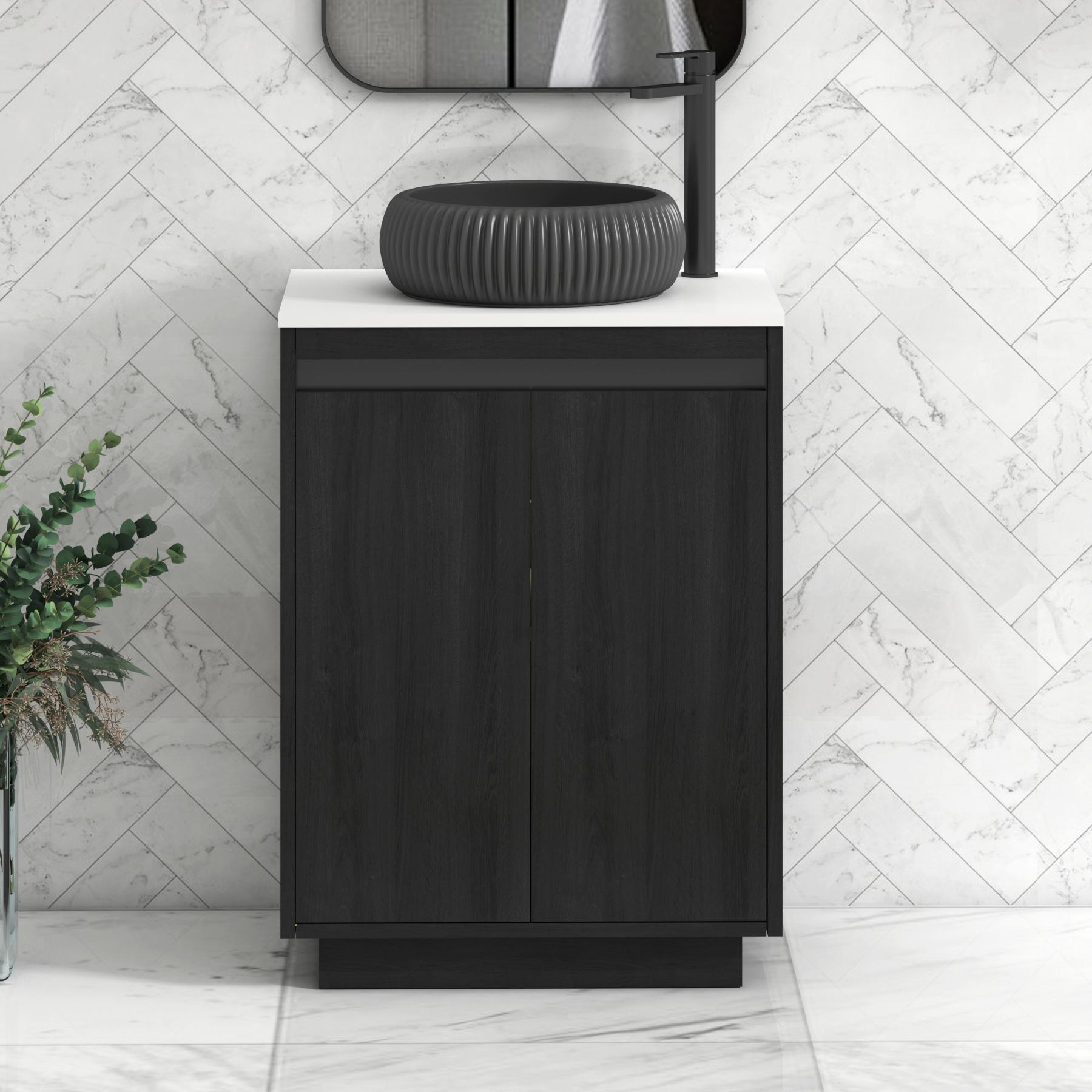 Orion 2 Door Hale Black Floor Standing Vanity Unit with Plain White Top & Countertop Basin | Black Accent Trim