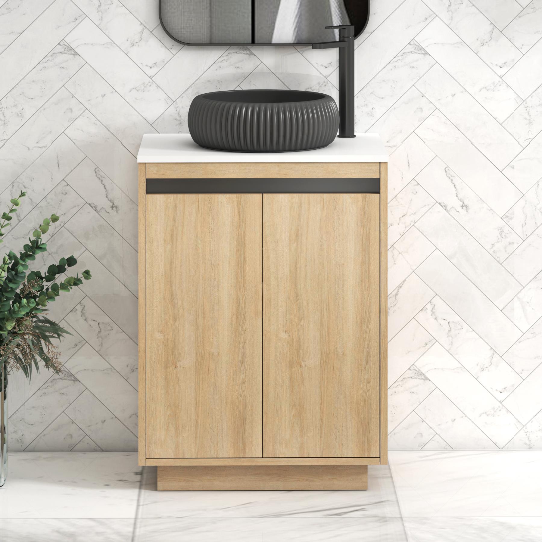 Orion 2 Door Natural Oak Floor Standing Vanity Unit with Plain White Top & Countertop Basin | Black Accent Trim