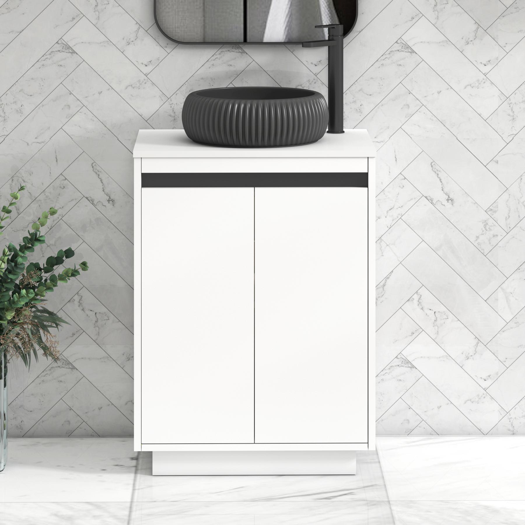Orion 2 Door Matt White Floor Standing Vanity Unit with Plain White Top & Countertop Basin | Black Accent Trim