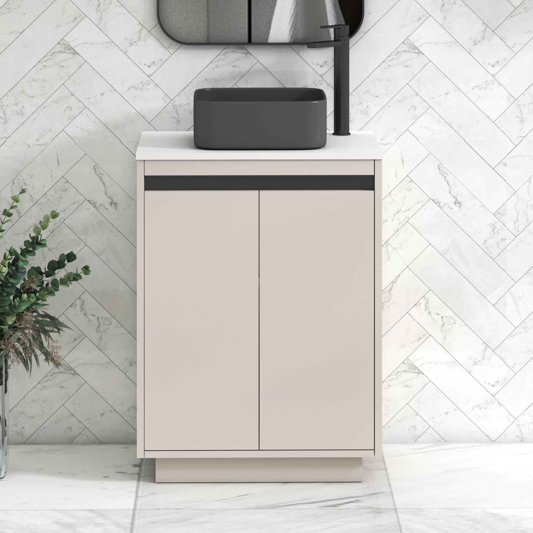 Orion 2 Door Warm Taupe Floor Standing Vanity Unit with Plain White Top & Countertop Basin | Black Accent Trim