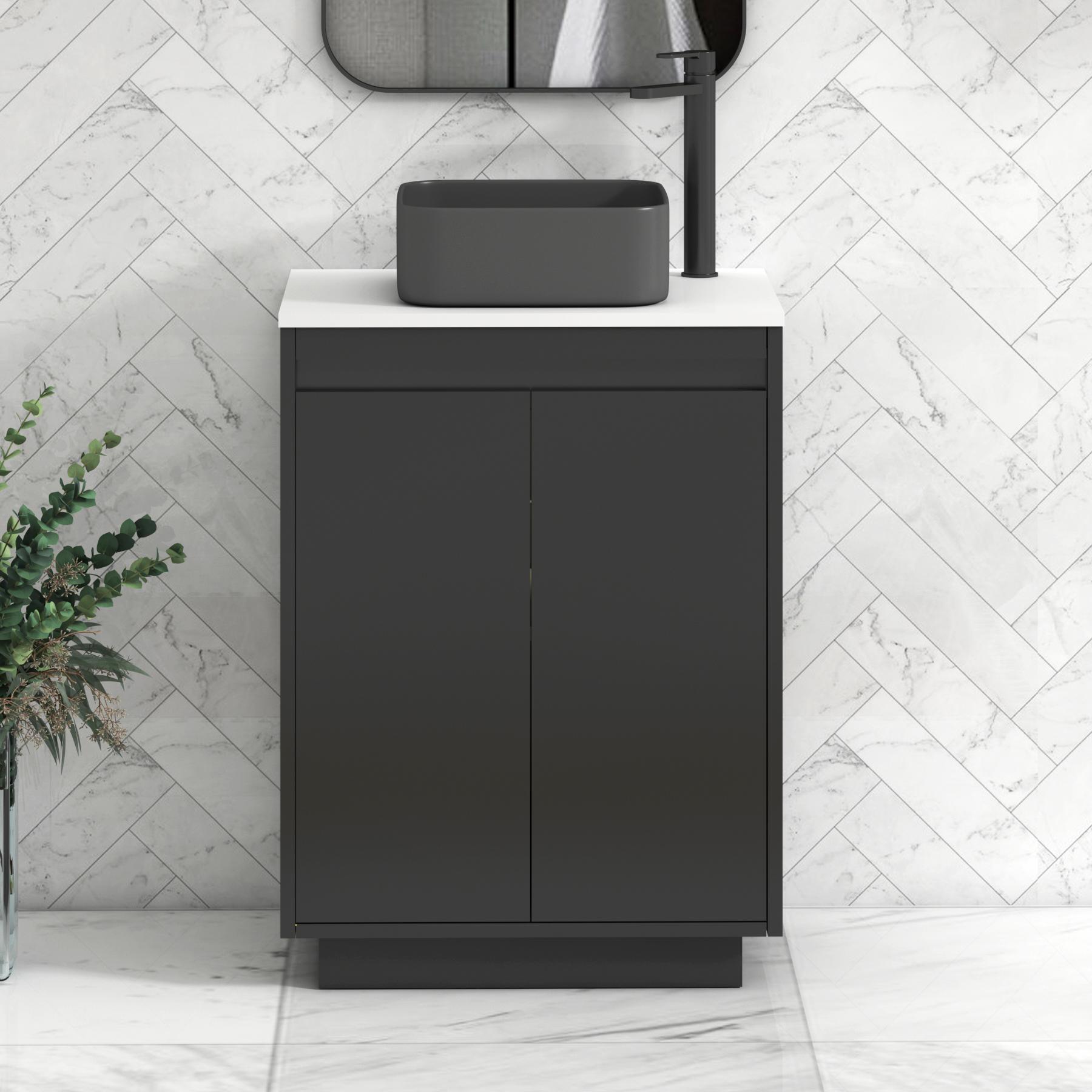 Orion 2 Door Matt Obsidian Black Floor Standing Vanity Unit with Plain White Top & Countertop Basin | Black Accent Trim