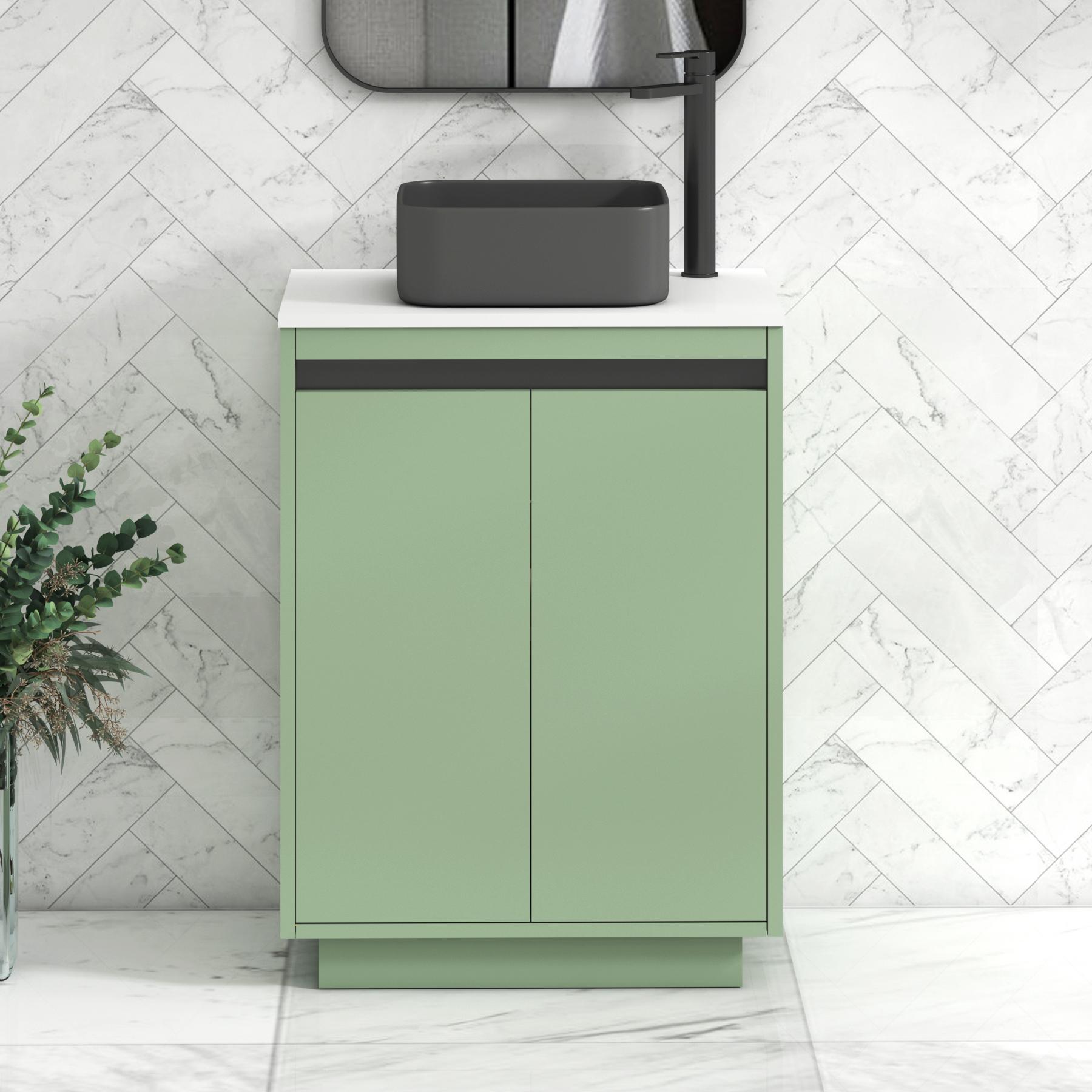 Orion 2 Door Mint Sage Floor Standing Vanity Unit with Plain White Top & Countertop Basin | Black Accent Trim