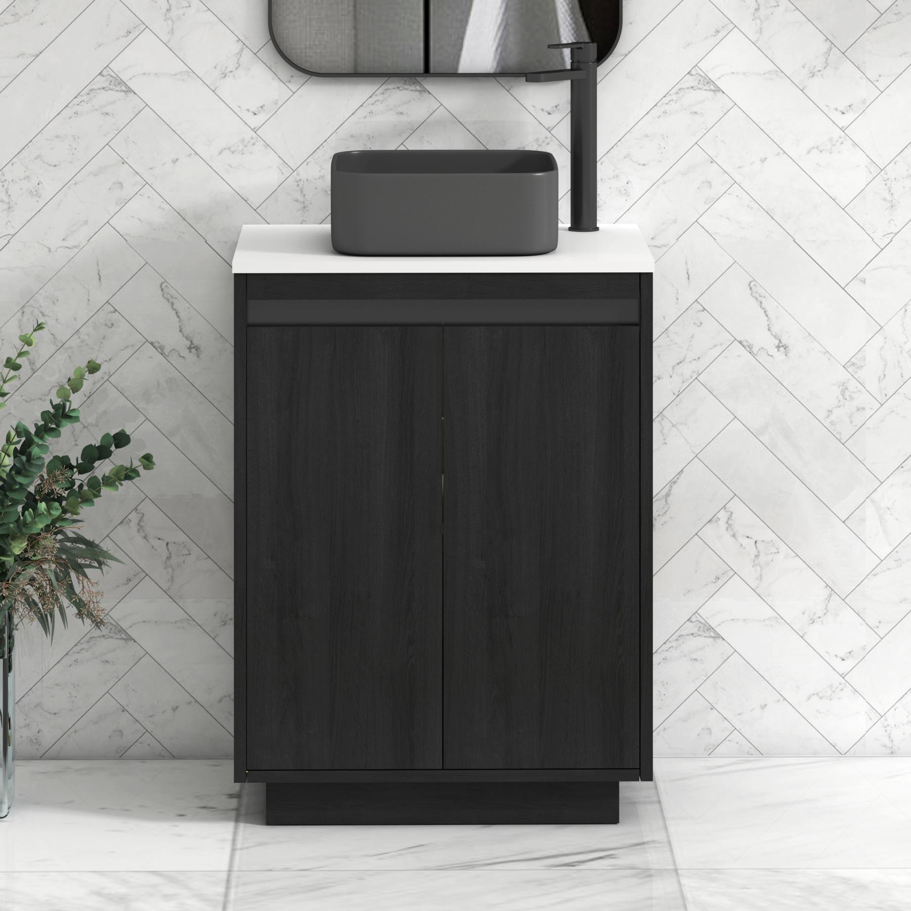 Orion 2 Door Hale Black Floor Standing Vanity Unit with Plain White Top & Countertop Basin | Black Accent Trim