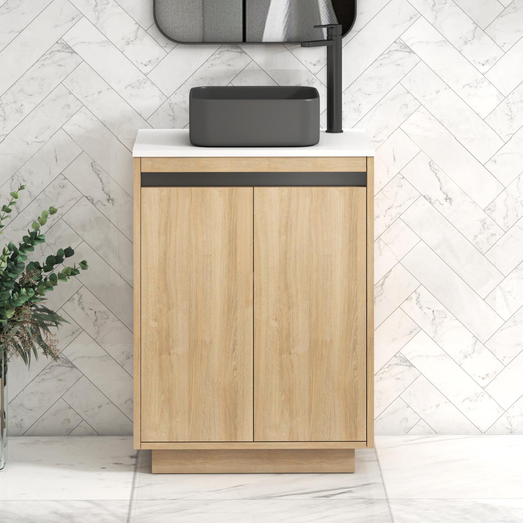 Orion 2 Door Natural Oak Floor Standing Vanity Unit with Plain White Top & Countertop Basin | Black Accent Trim