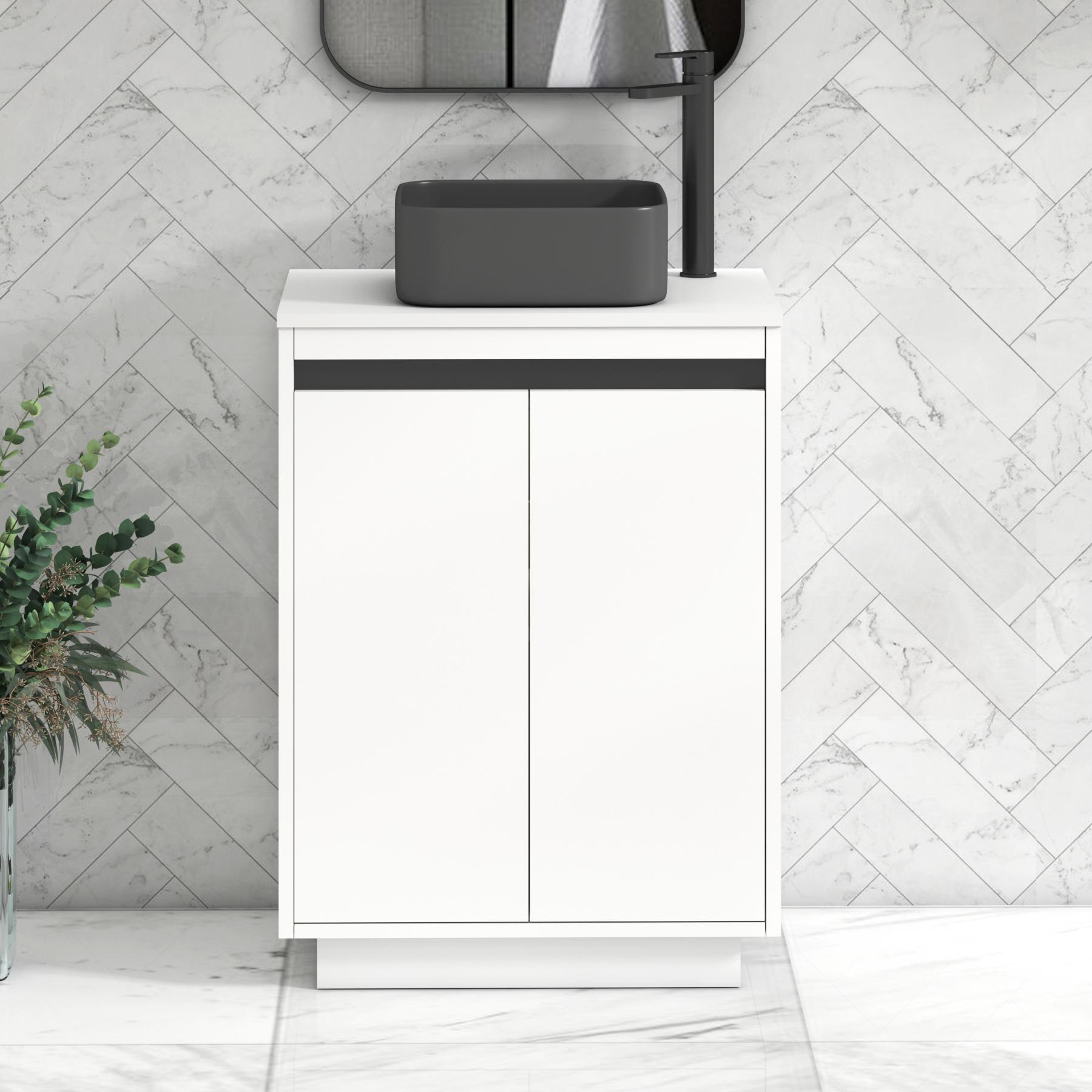 Orion 2 Door Matt White Floor Standing Vanity Unit with Plain White Top & Countertop Basin | Black Accent Trim