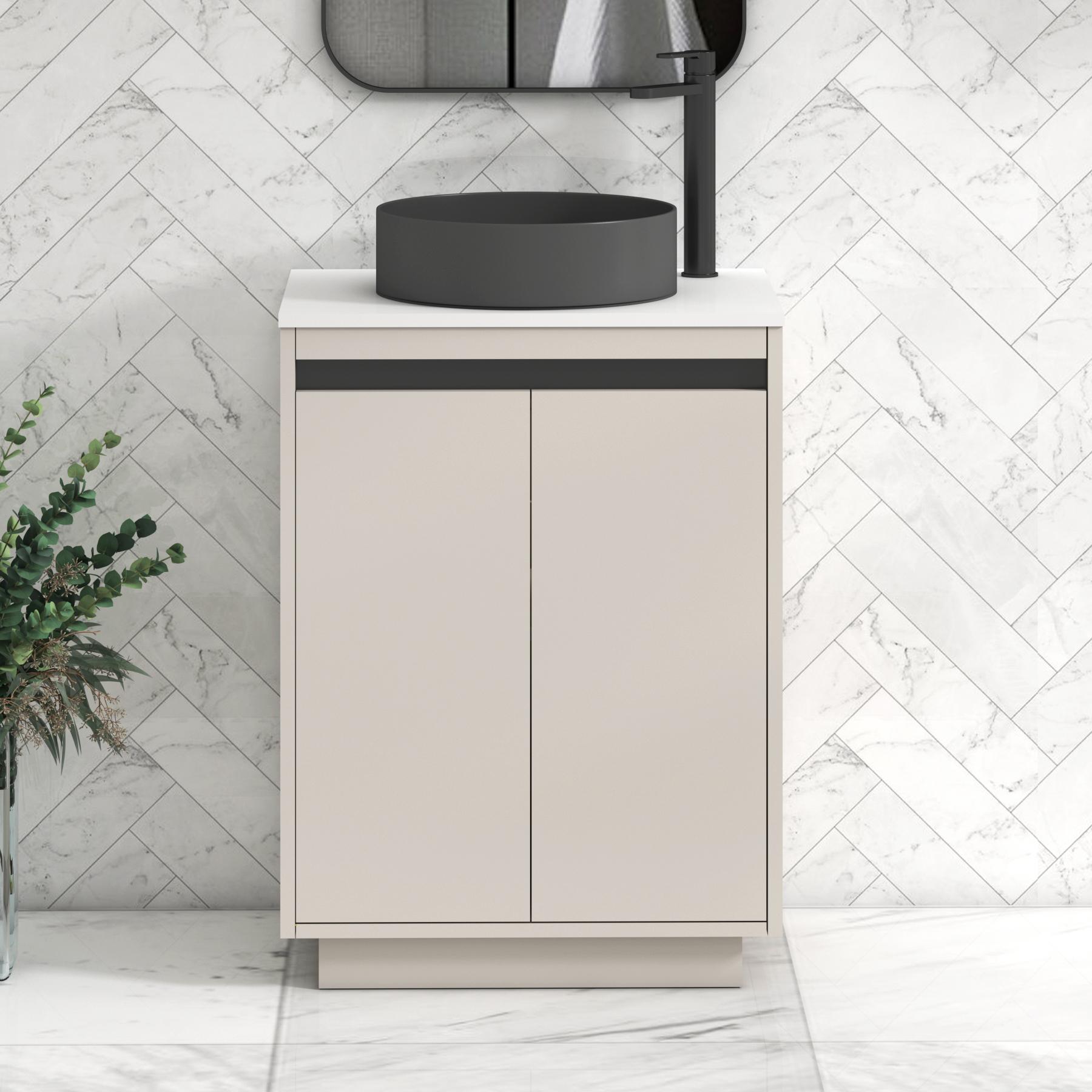 Orion 2 Door Warm Taupe Floor Standing Vanity Unit with Plain White Top & Countertop Basin | Black Accent Trim