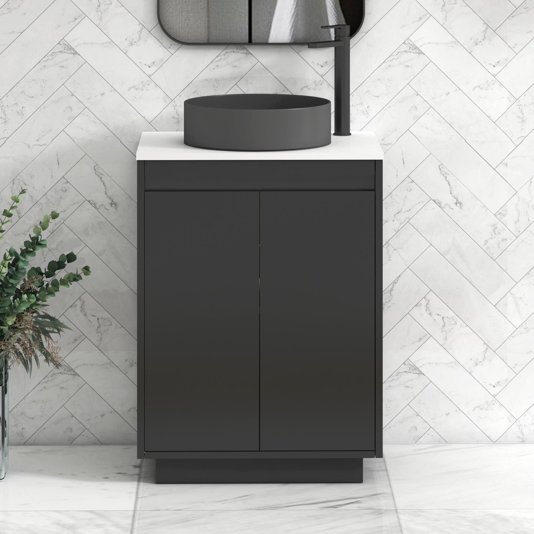 Orion 2 Door Matt Obsidian Black Floor Standing Vanity Unit with Plain White Top & Countertop Basin | Black Accent Trim