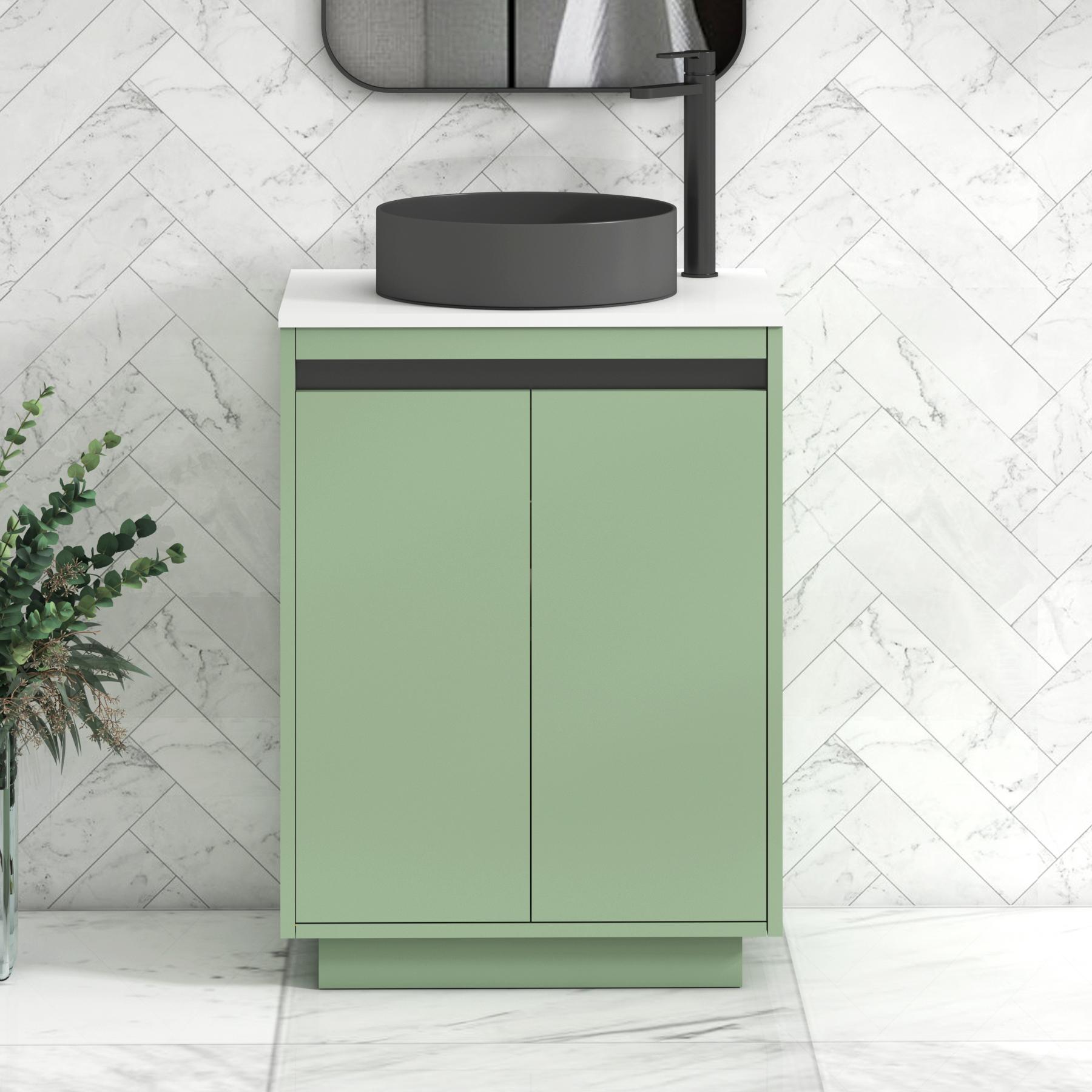 Orion 2 Door Mint Sage Floor Standing Vanity Unit with Plain White Top & Countertop Basin | Black Accent Trim