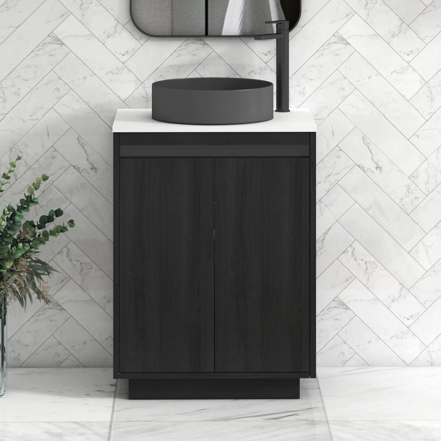 Orion 2 Door Hale Black Floor Standing Vanity Unit with Plain White Top & Countertop Basin | Black Accent Trim