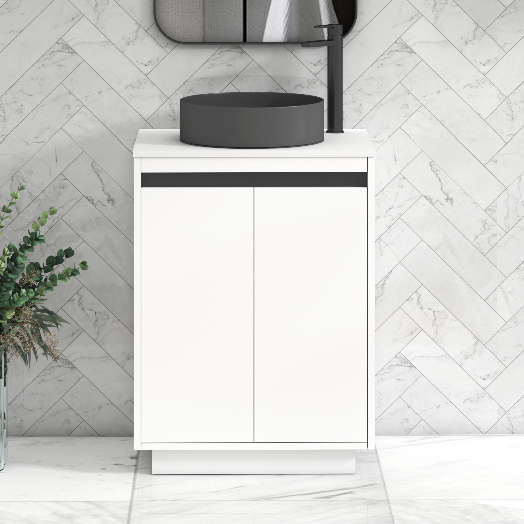 Orion 2 Door Matt White Floor Standing Vanity Unit with Plain White Top & Countertop Basin | Black Accent Trim