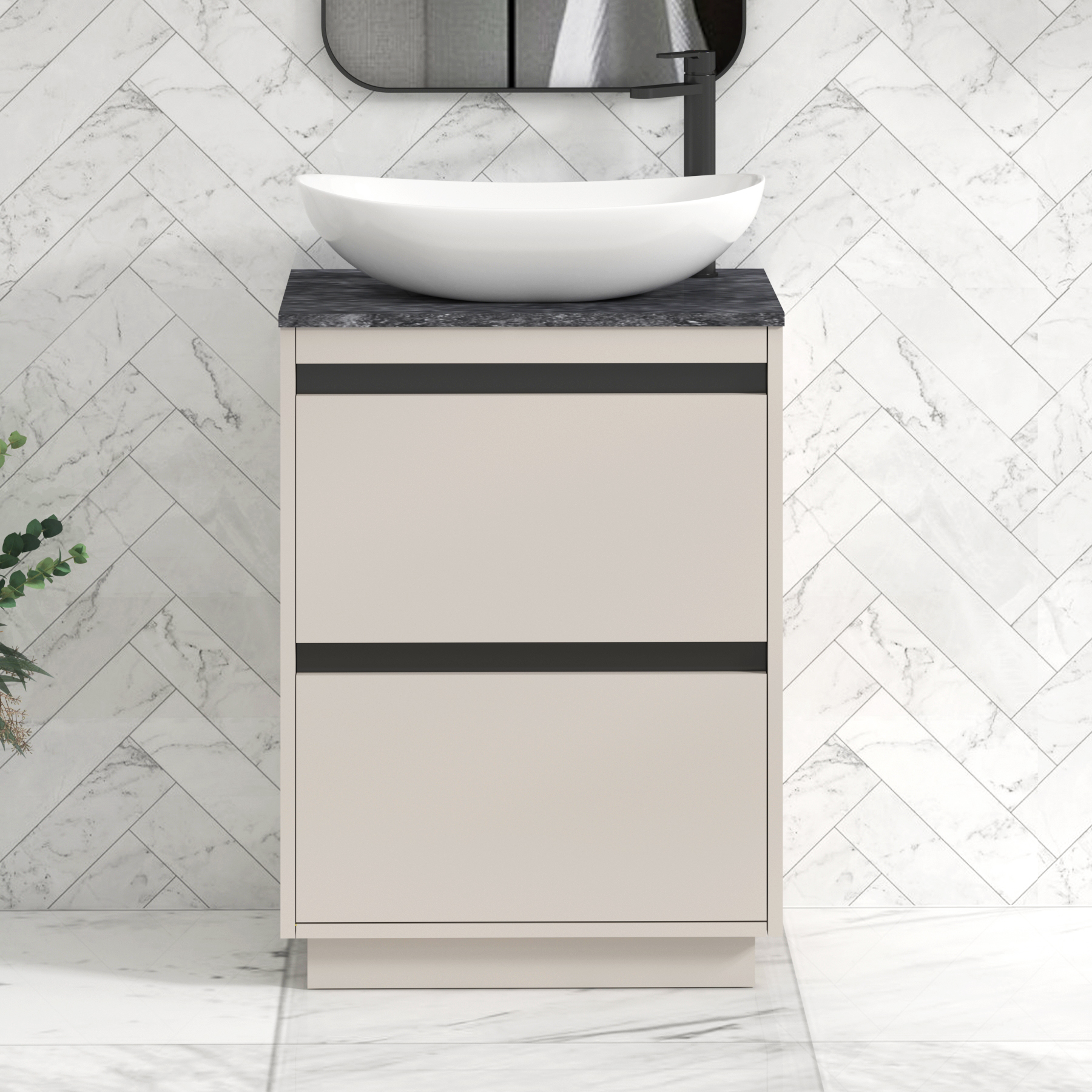 Orion 600mm Beige Floor Standing Countertop Vanity Unit 2 Drawer with Cesar Basin & Black Strip - Black Star