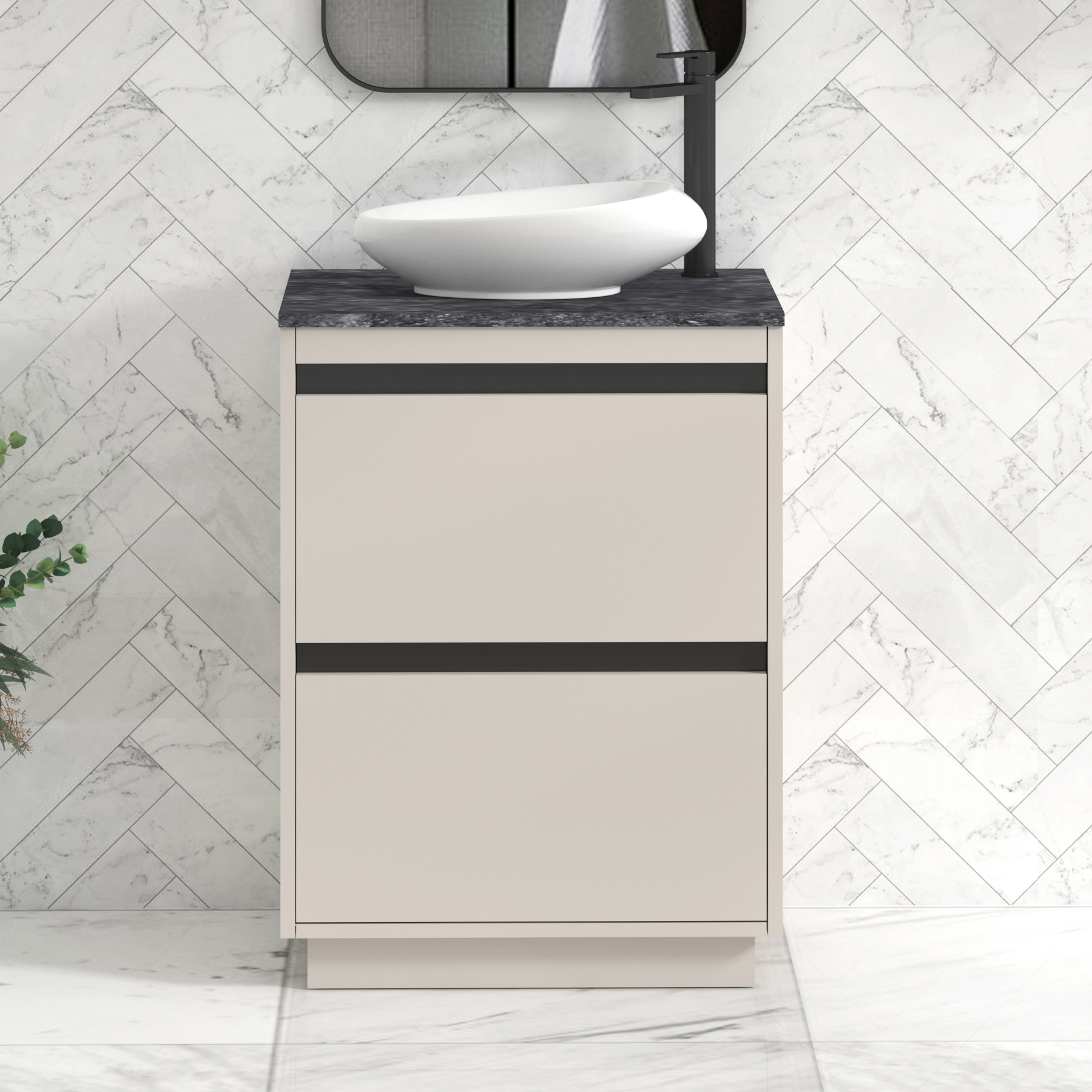 Orion 600mm Beige Floor Standing Countertop Vanity Unit 2 Drawer with Nova Basin & Black Strip - Black Star