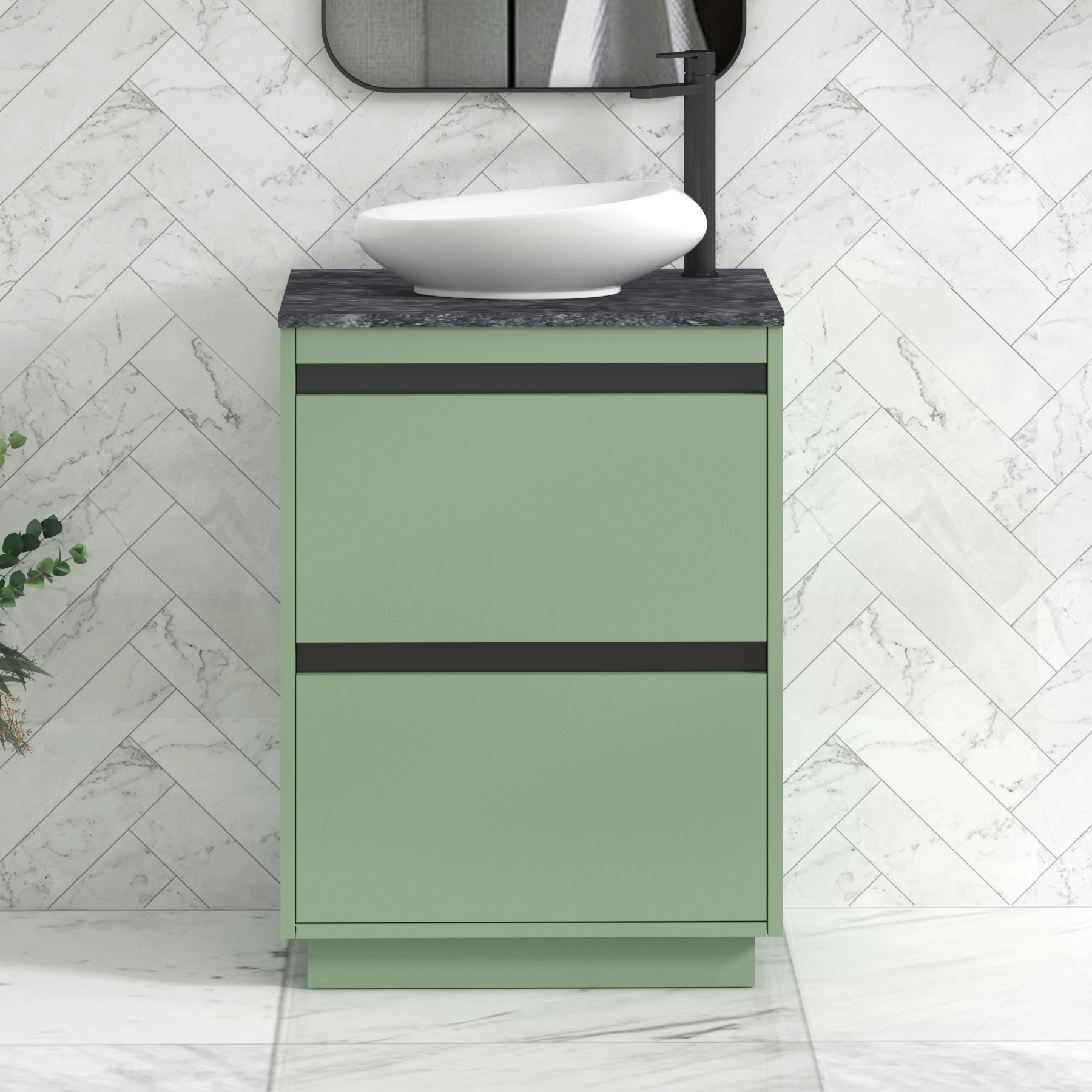 Orion 600mm Mint Green Floor Standing Countertop Vanity Unit 2 Drawer with Nova Basin & Black Strip - Black Star