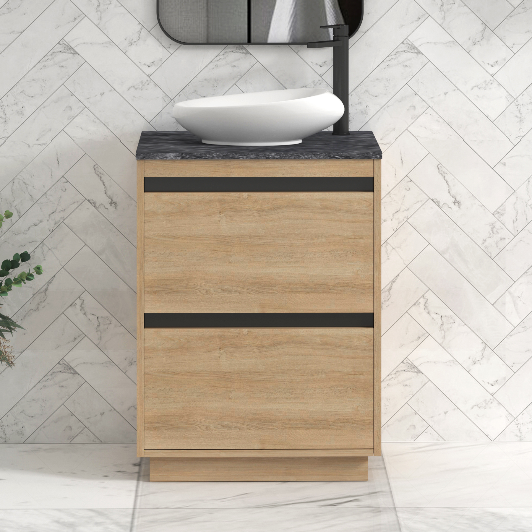 Orion 600mm Natural Oak Floor Standing Countertop Vanity Unit 2 Drawer with Nova Basin & Black Strip - Black Star