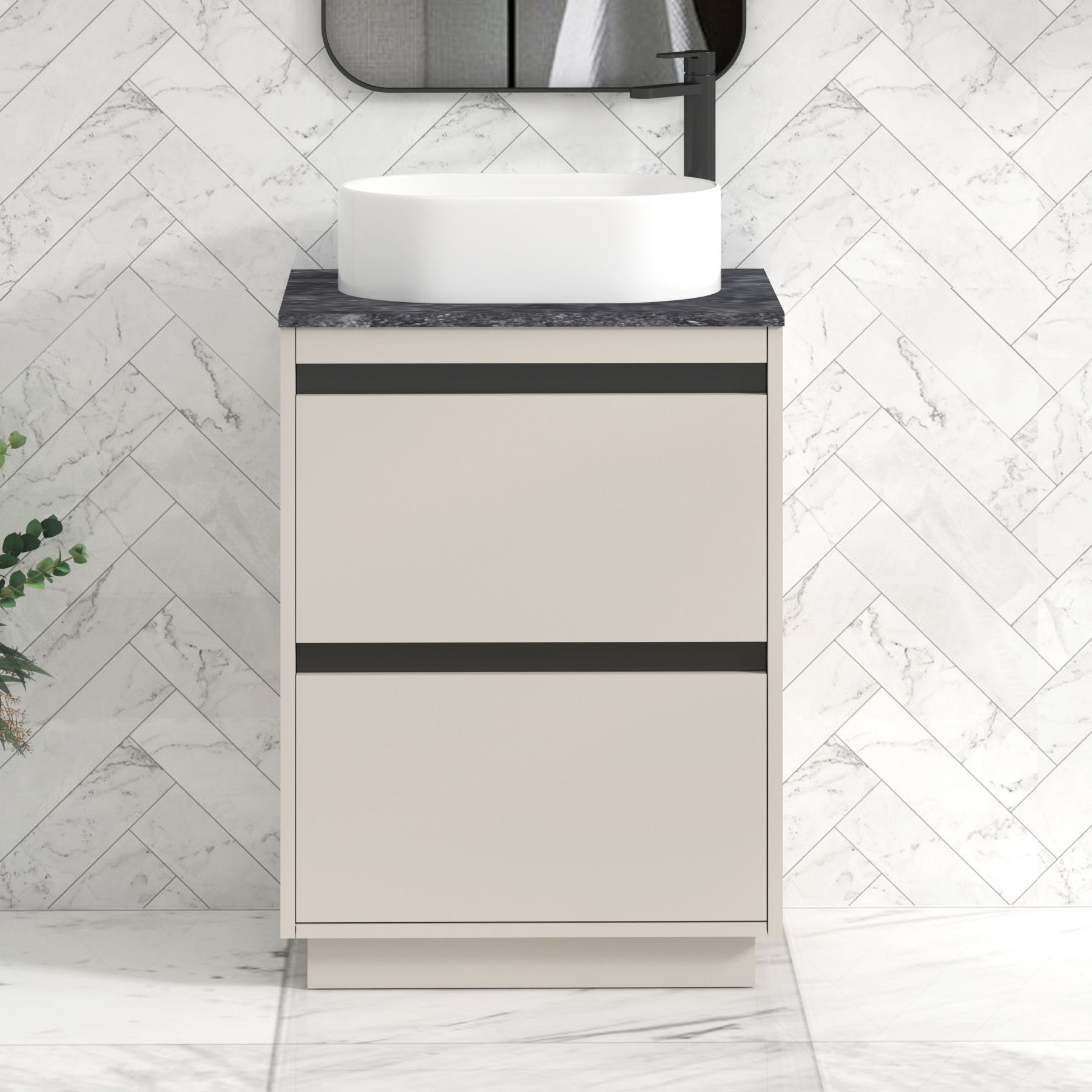 Orion 600mm Beige Floor Standing Countertop Vanity Unit 2 Drawer with Peak Basin & Black Strip - Black Star