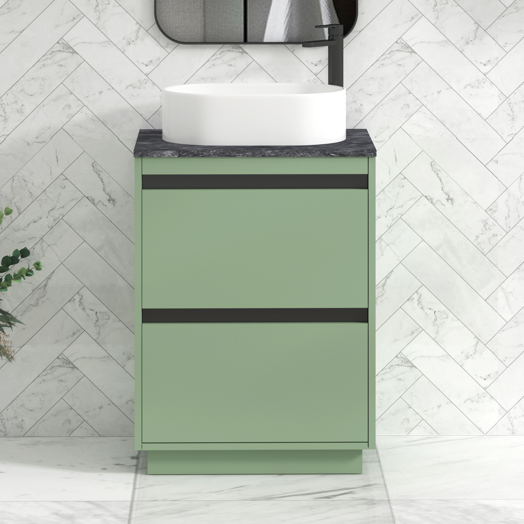Orion 600mm Mint Green Floor Standing Countertop Vanity Unit 2 Drawer with Peak Basin & Black Strip - Black Star