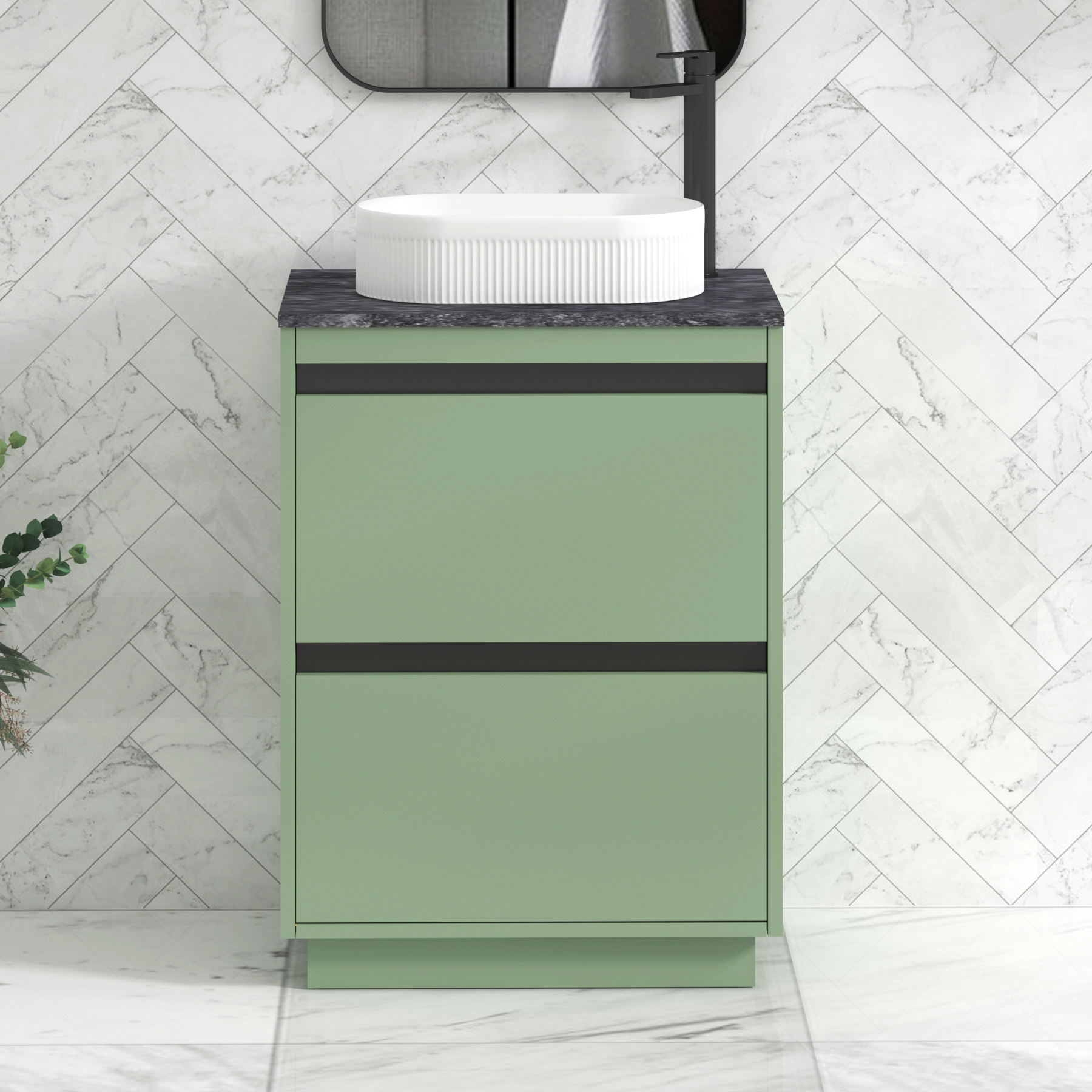 Orion 600mm Mint Green Floor Standing Countertop Vanity Unit 2 Drawer with Lyon Basin & Black Strip - Black Star