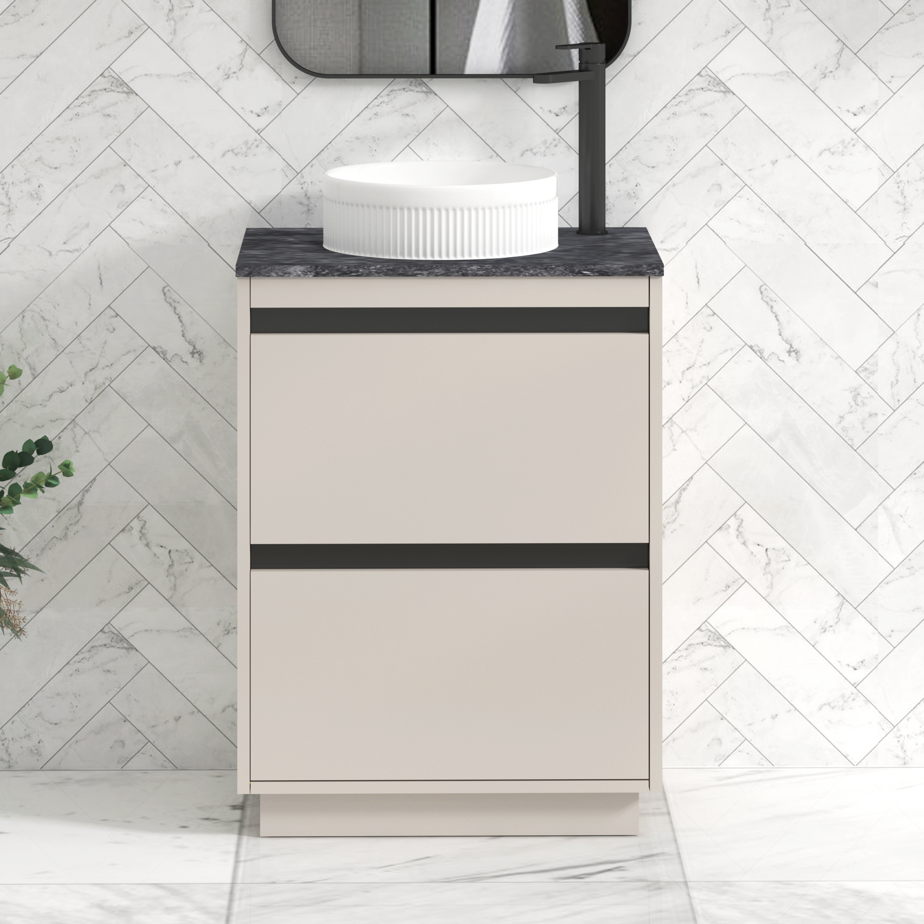 Orion 600mm Beige Floor Standing Countertop Vanity Unit 2 Drawer with Round Basin & Black Strip - Black Star