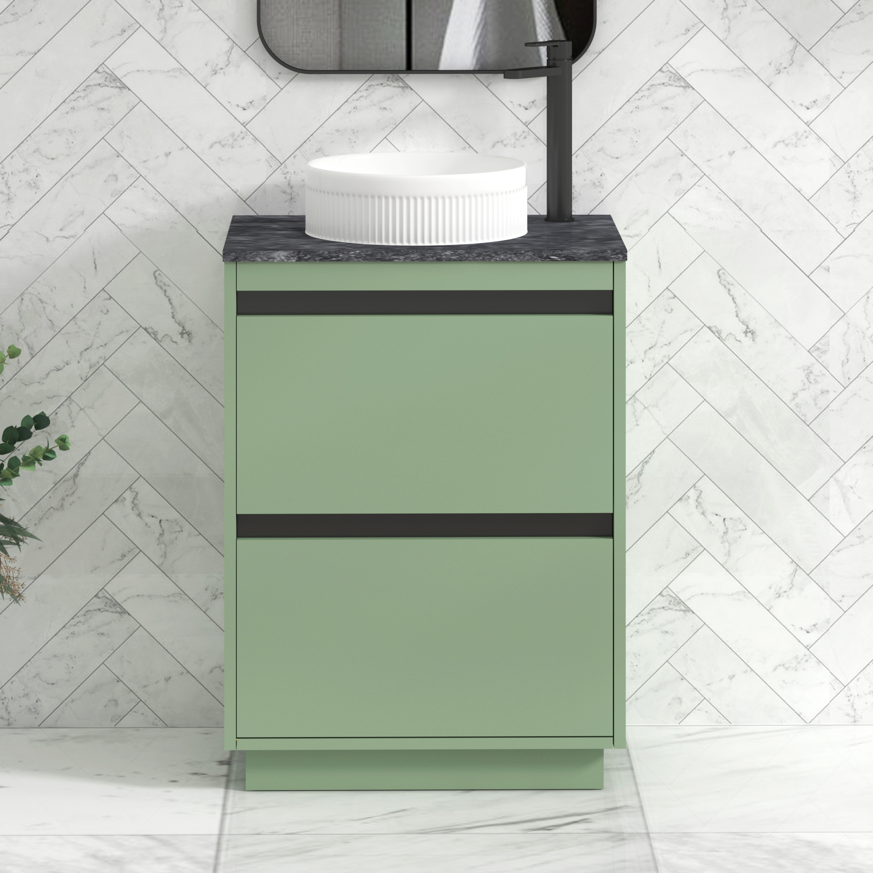 Orion 600mm Mint Green Floor Standing Countertop Vanity Unit 2 Drawer with Round Basin & Black Strip - Black Star