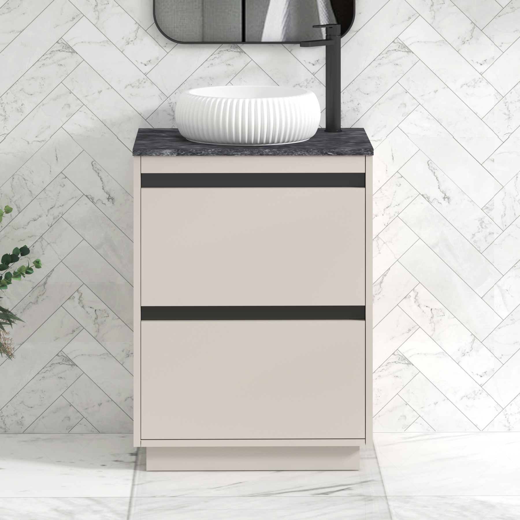 Orion 600mm Beige Floor Standing Countertop Vanity Unit 2 Drawer with Milan Basin & Black Strip - Black Star