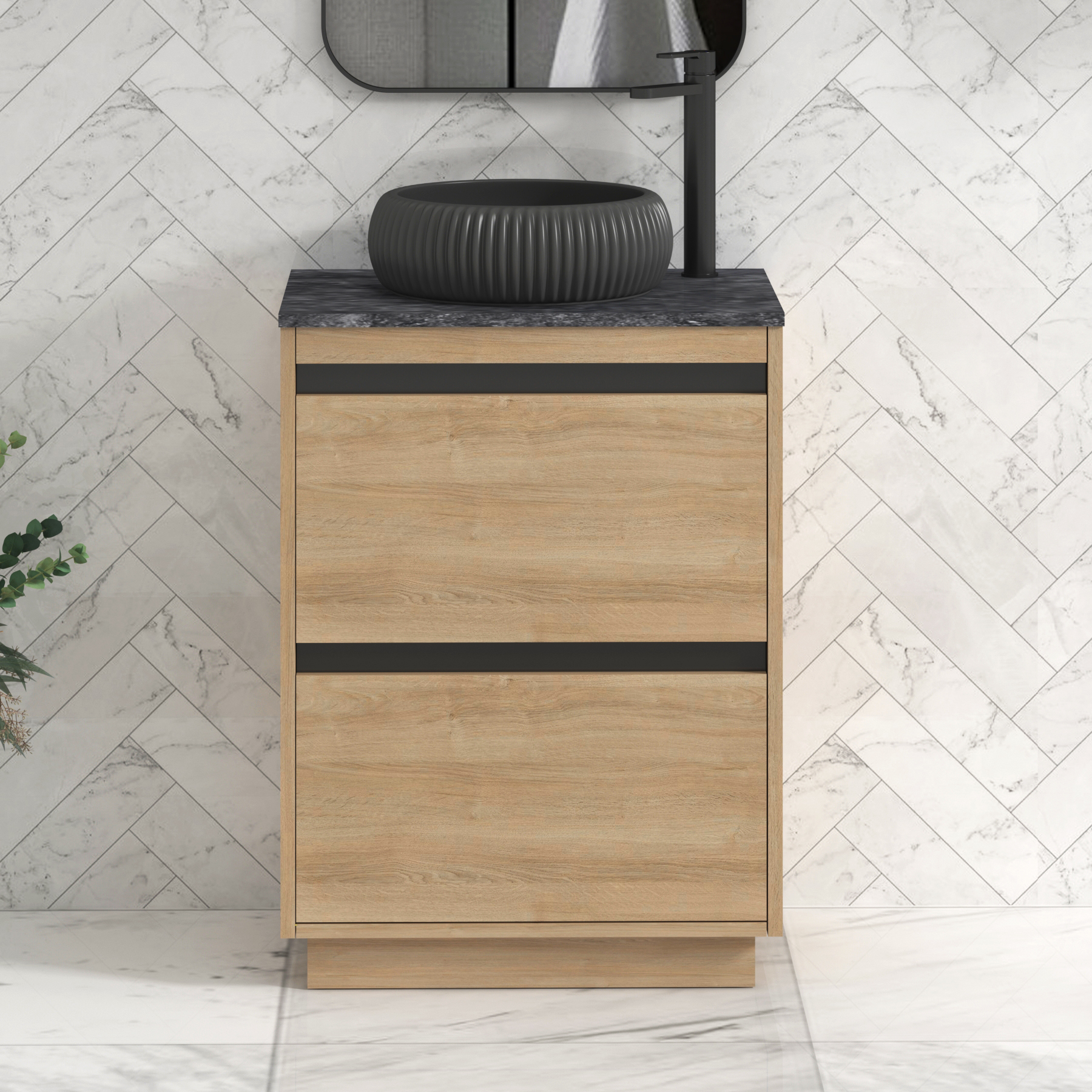 Orion 600mm Oak Floor Standing Countertop Vanity Unit 2 Drawer with Milan Black Basin & Black Strip - Black Star