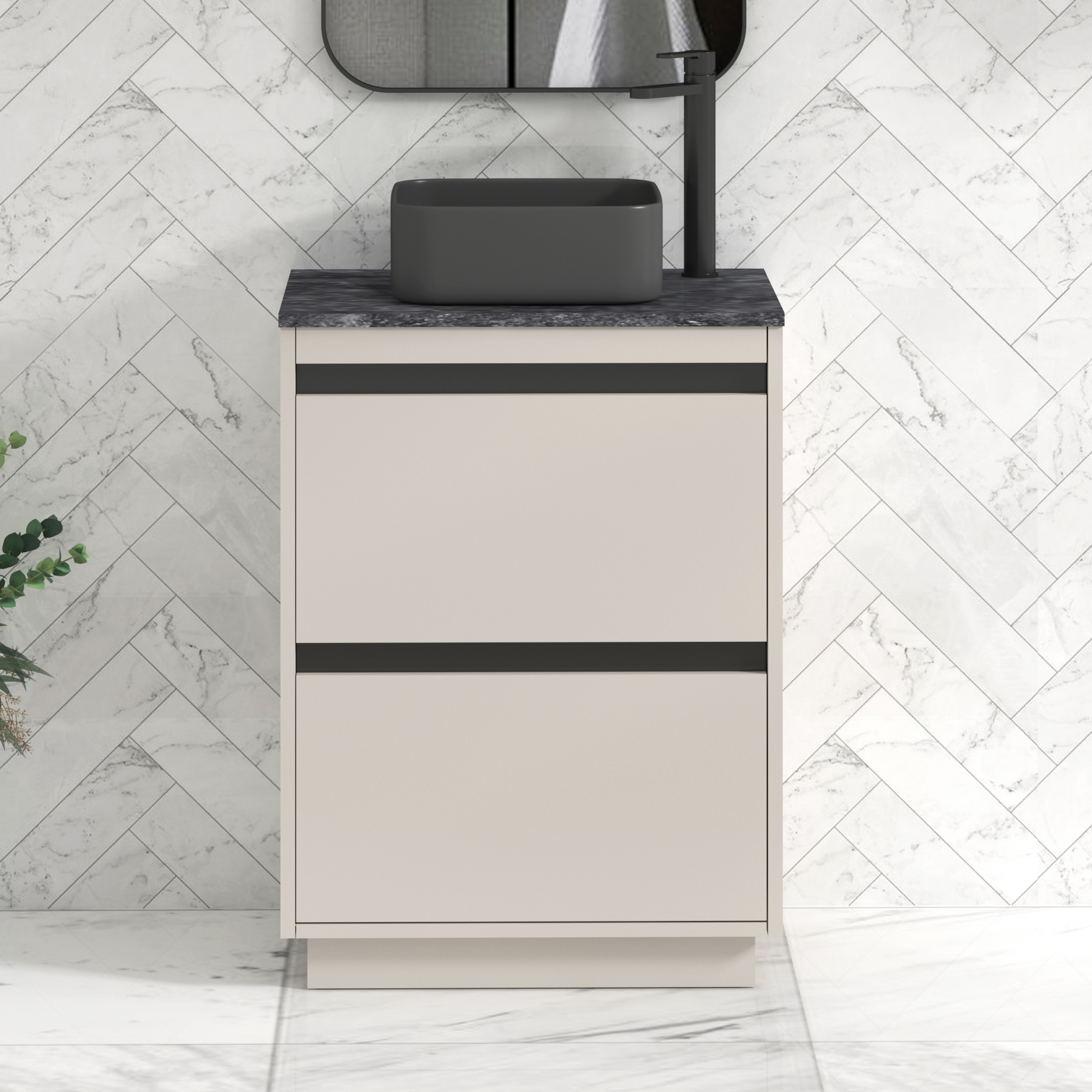 Orion 600mm Beige Floor Standing Countertop Vanity Unit 2 Drawer with Art Square Basin & Black Strip - Black Star