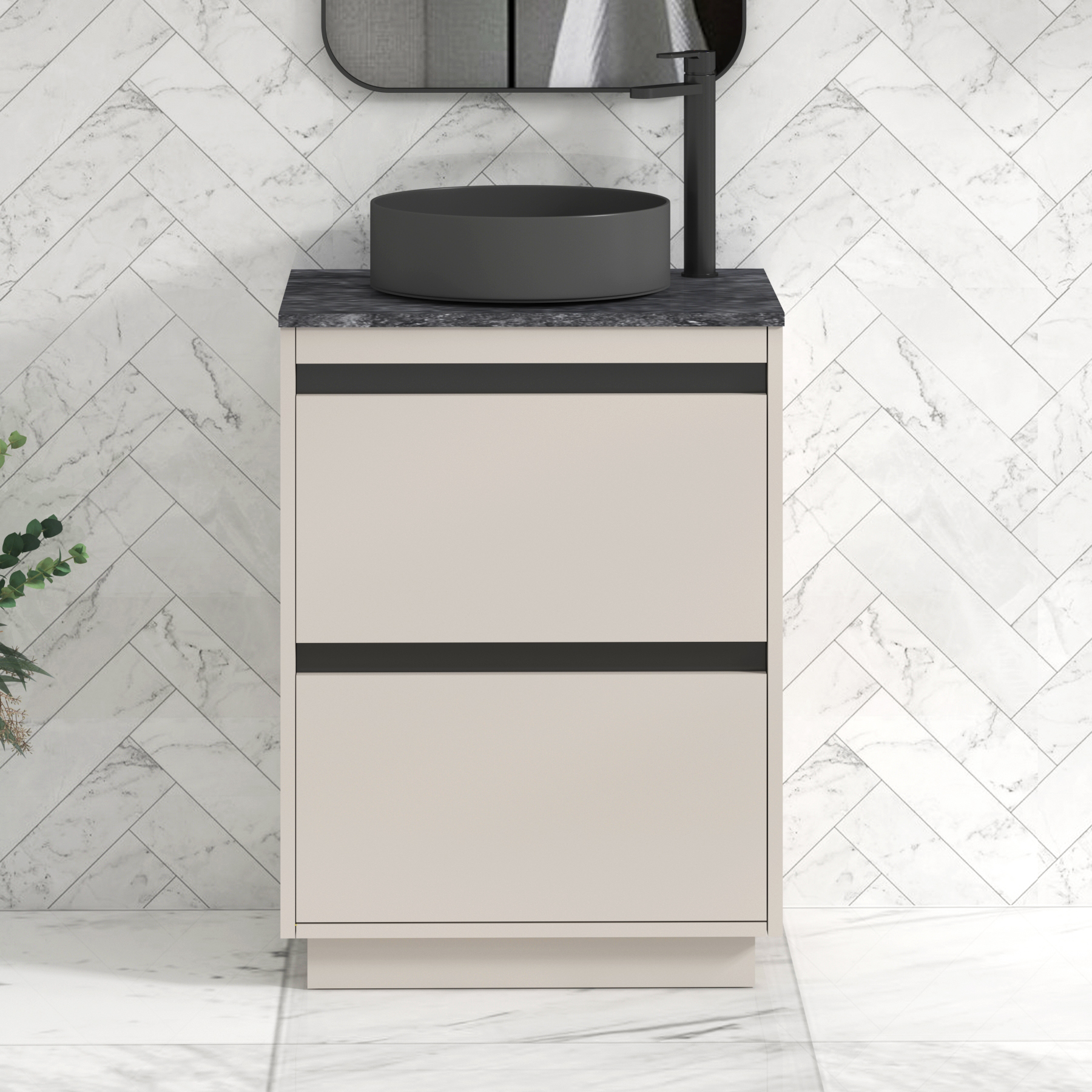 Orion 600mm Beige Floor Standing Countertop Vanity Unit 2 Drawer with Art Round Basin & Black Strip - Black Star
