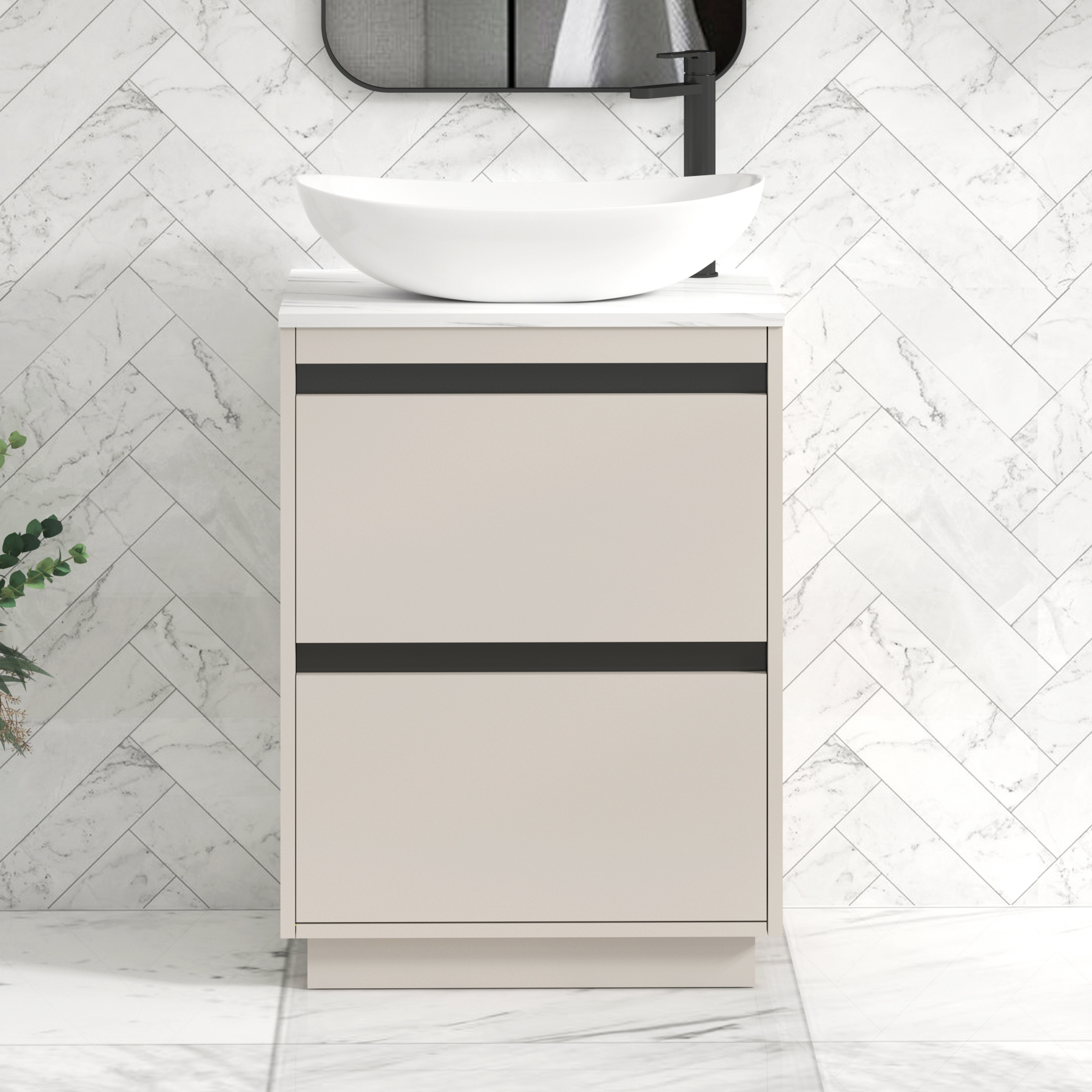 Orion 2 Drawer Warm Taupe Floor Standing Vanity Unit with Carrara White Top & Countertop Basin | Black Accent Trim