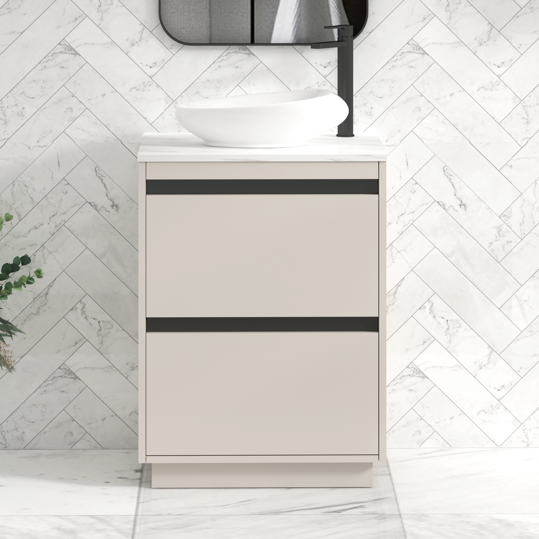 Orion 600mm Beige Floor Standing Countertop Vanity Unit 2 Drawer with Nova Basin & Black Strip