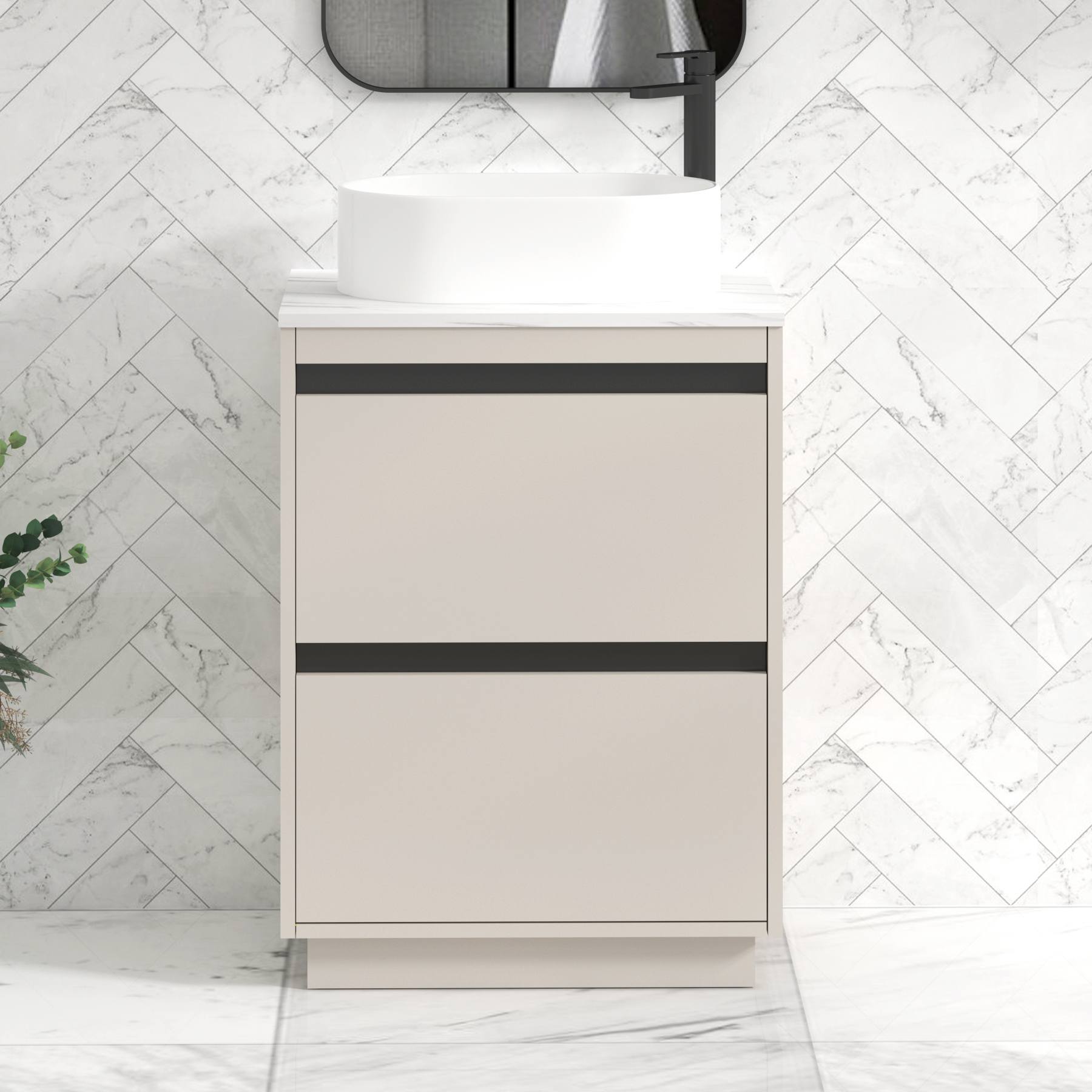 Orion 600mm Warm Taupe Floor Standing Countertop Vanity Unit 2 Drawer with Peak Basin & Black Accent Trim
