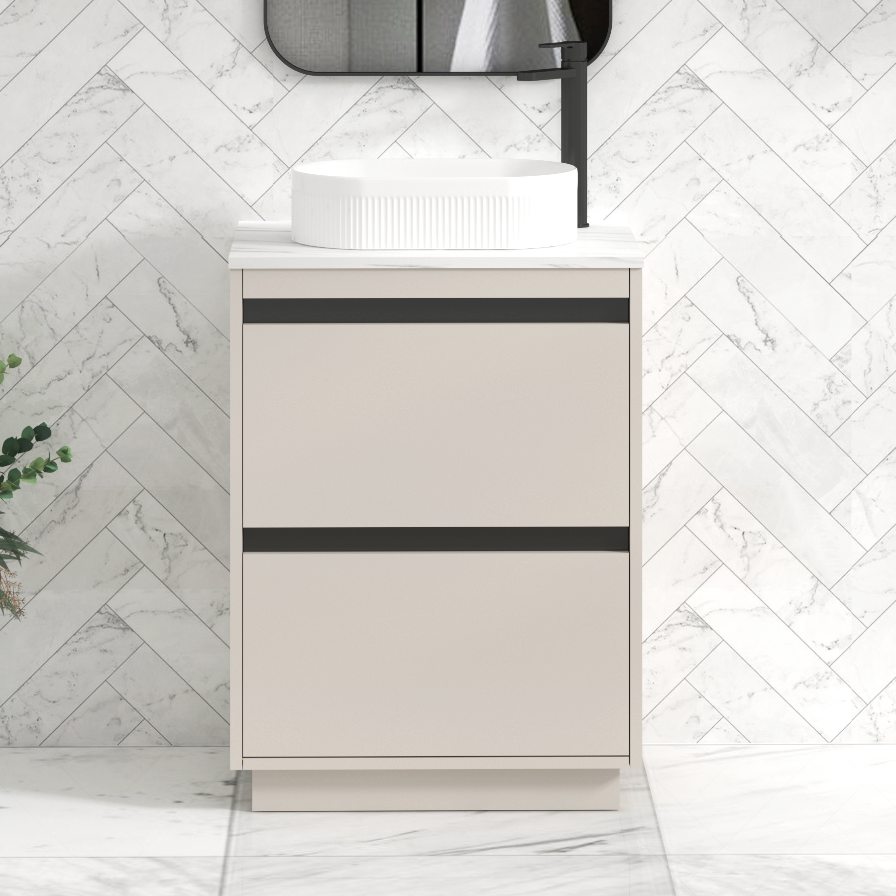 Orion 2 Drawer Warm Taupe Floor Standing Vanity Unit with Carrara White Top & Countertop Basin | Black Accent Trim
