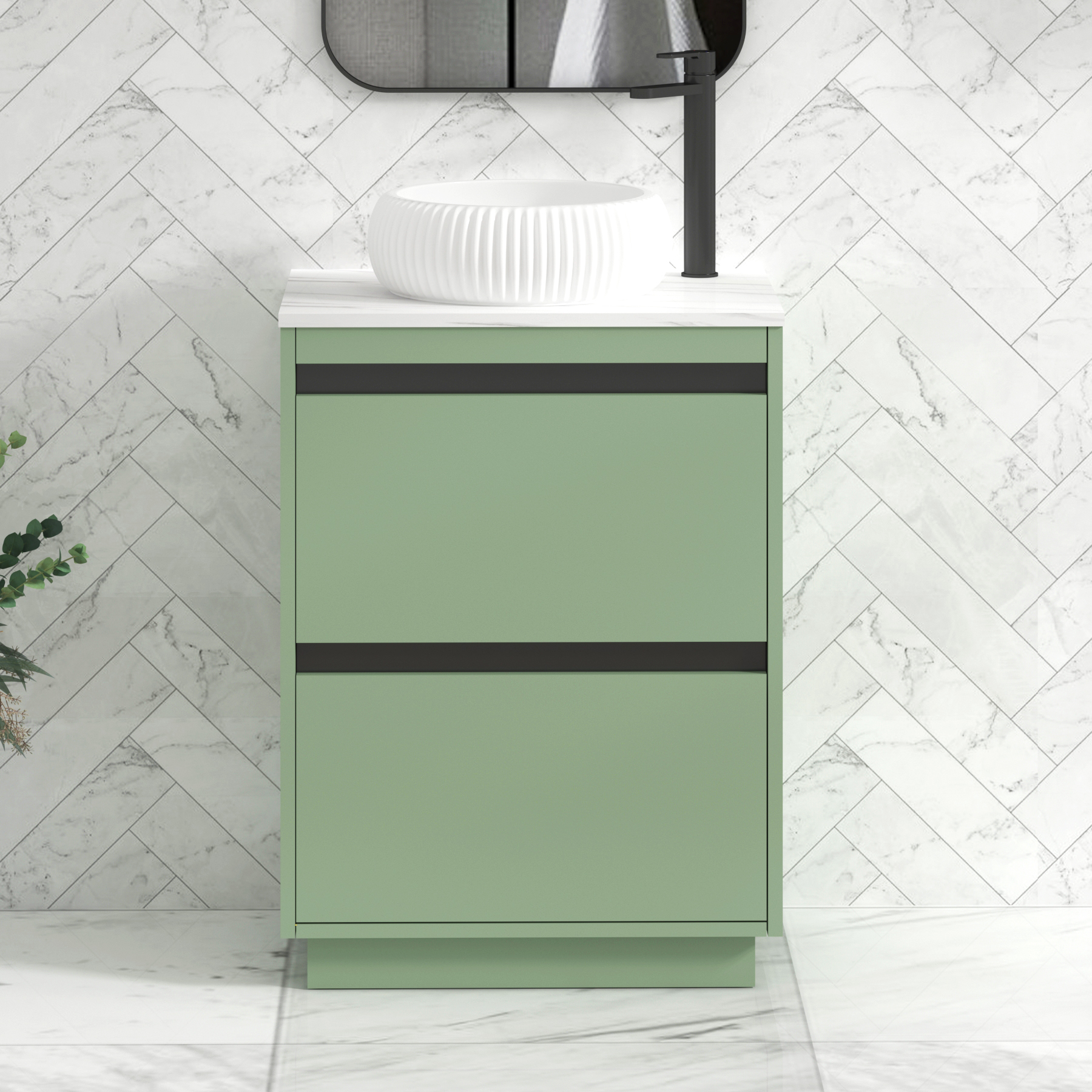Orion 600mm Mint Green Floor Standing Countertop Vanity Unit 2 Drawer with Milan Basin & Black Strip