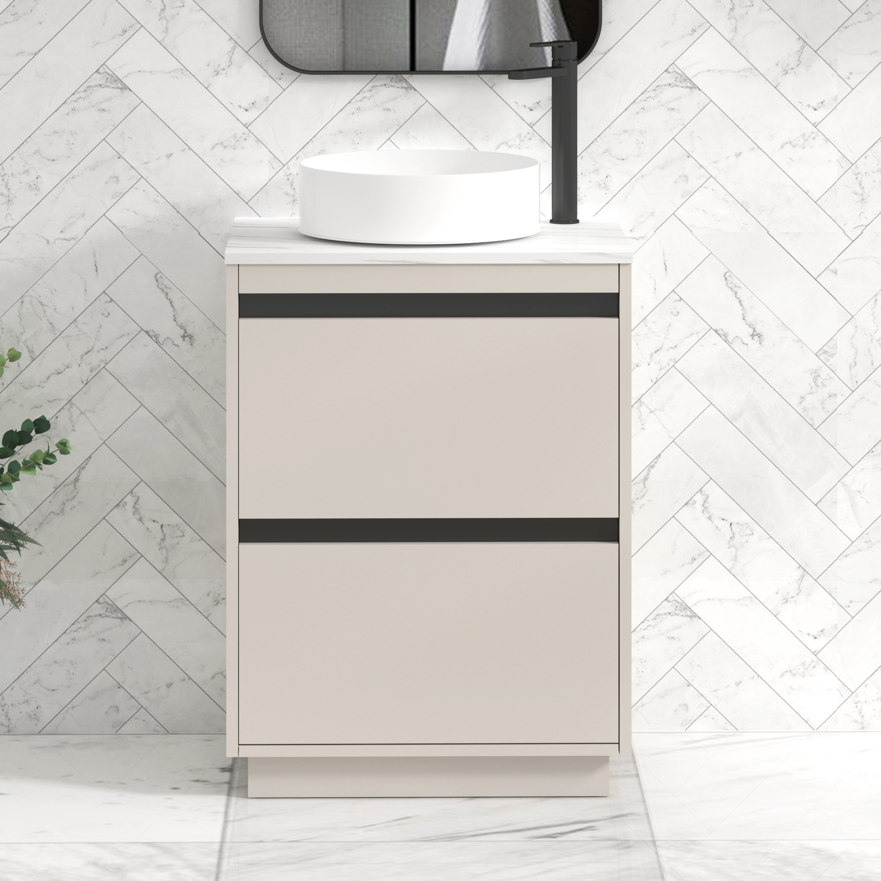 Orion 600mm Beige Floor Standing Vanity Unit 2 Drawer with Carrara White Undrilled Worktop & Black Strip