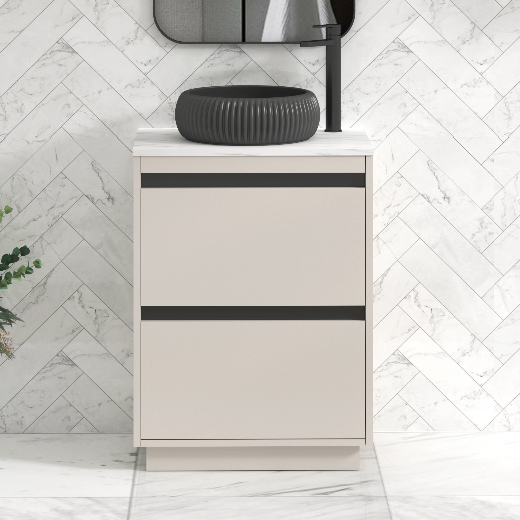 Orion 600mm Beige Floor Standing Countertop Vanity Unit 2 Drawer with Milan Black Basin & Black Strip